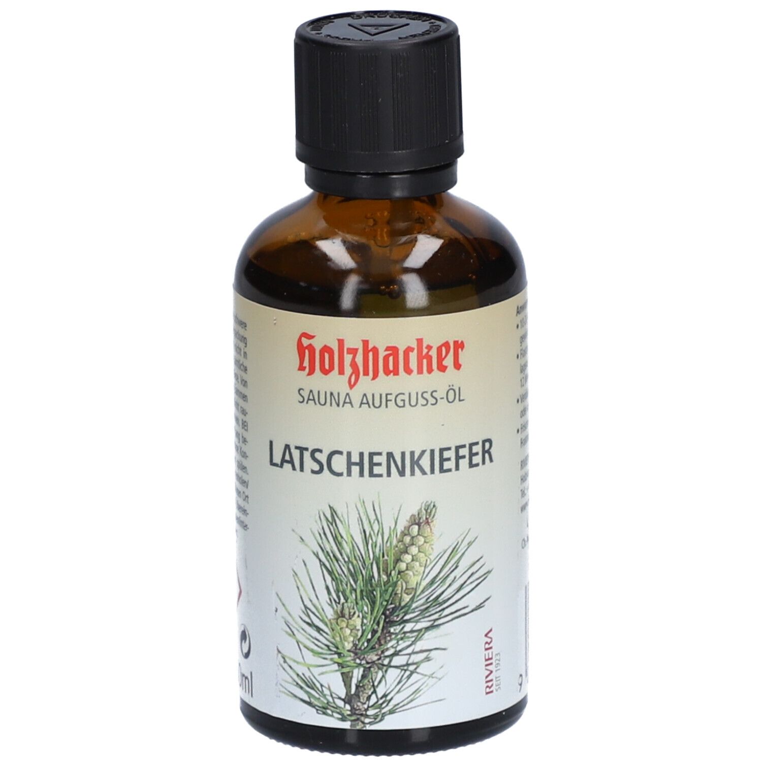Braune Glasflasche mit schwarzem Deckel. Auf dem Etikett steht "Holzhacker SAUNA AUFGUSS-ÖL LATSCHENKIEFER".