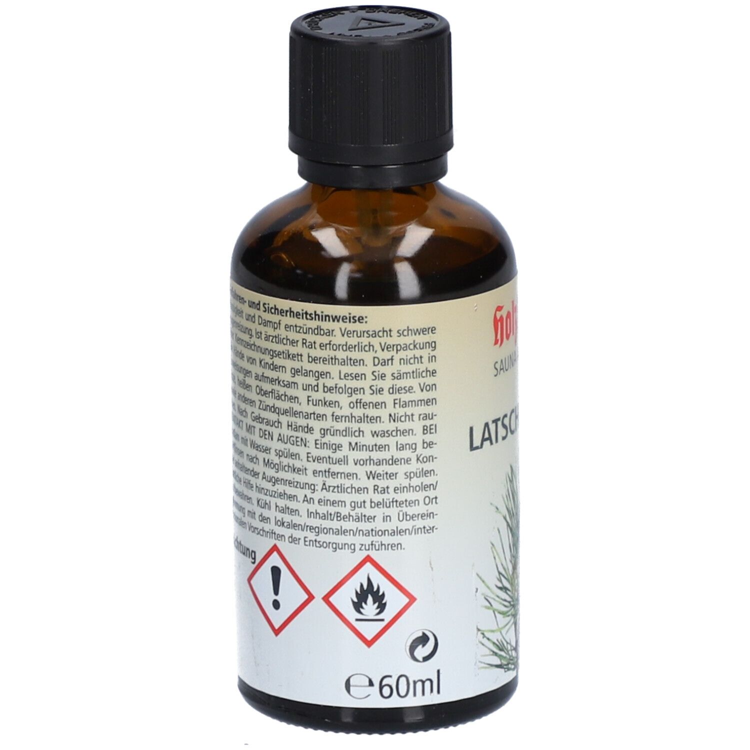 Braune Glasflasche mit schwarzem Deckel. Etikett mit Warnsymbolen und Text. Volumen: 60ml.