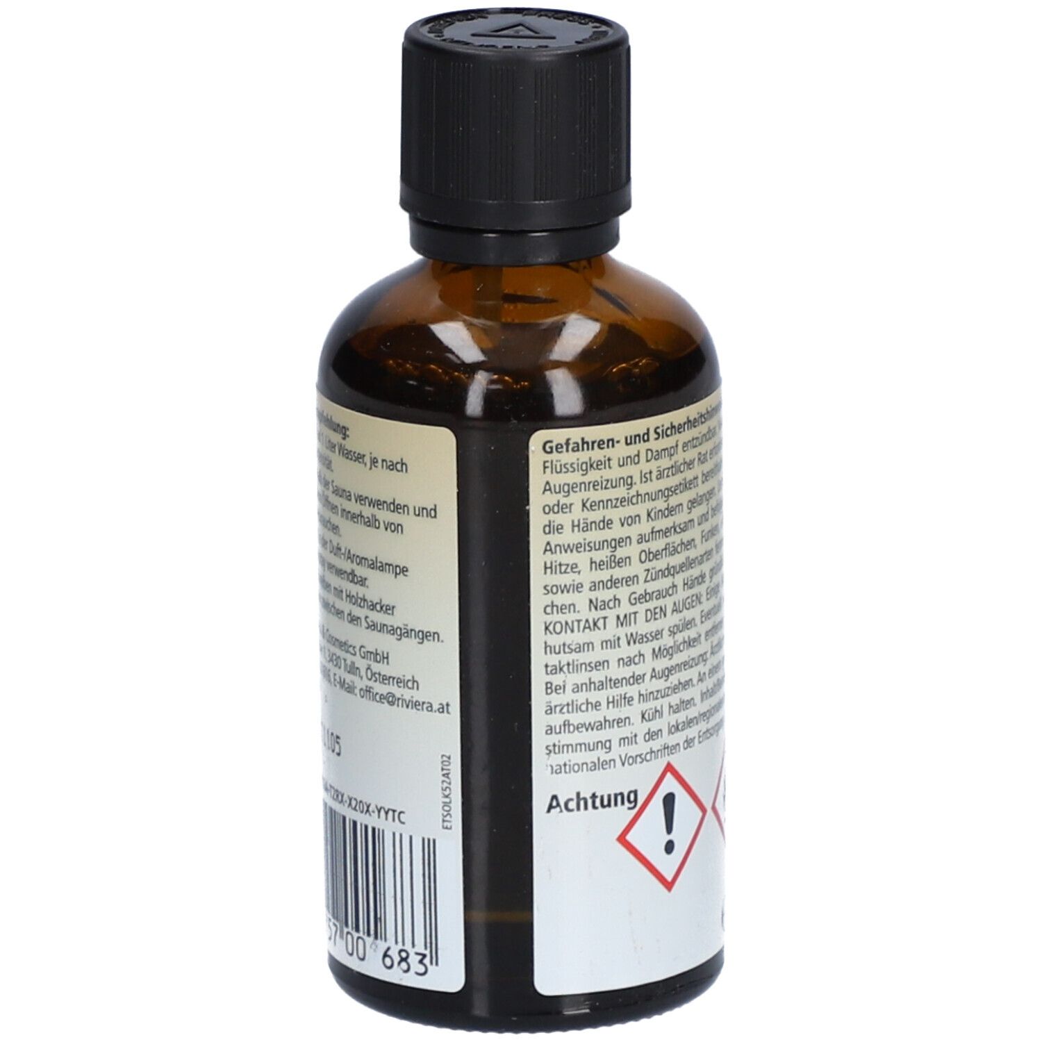 Braune Glasflasche mit schwarzem Deckel. Etikett mit Text und Warnsymbolen. Volumen: 60ml.
