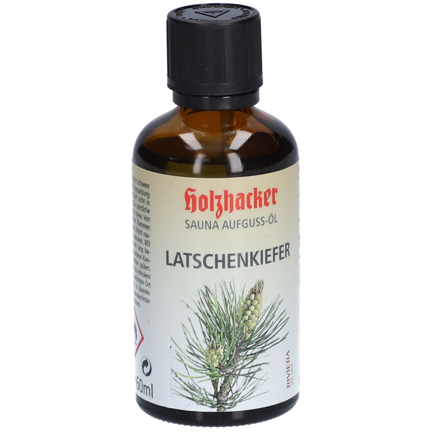 Braune Glasflasche mit schwarzem Deckel. Auf dem Etikett steht "Holzhacker SAUNA AUFGUSS-ÖL LATSCHENKIEFER".