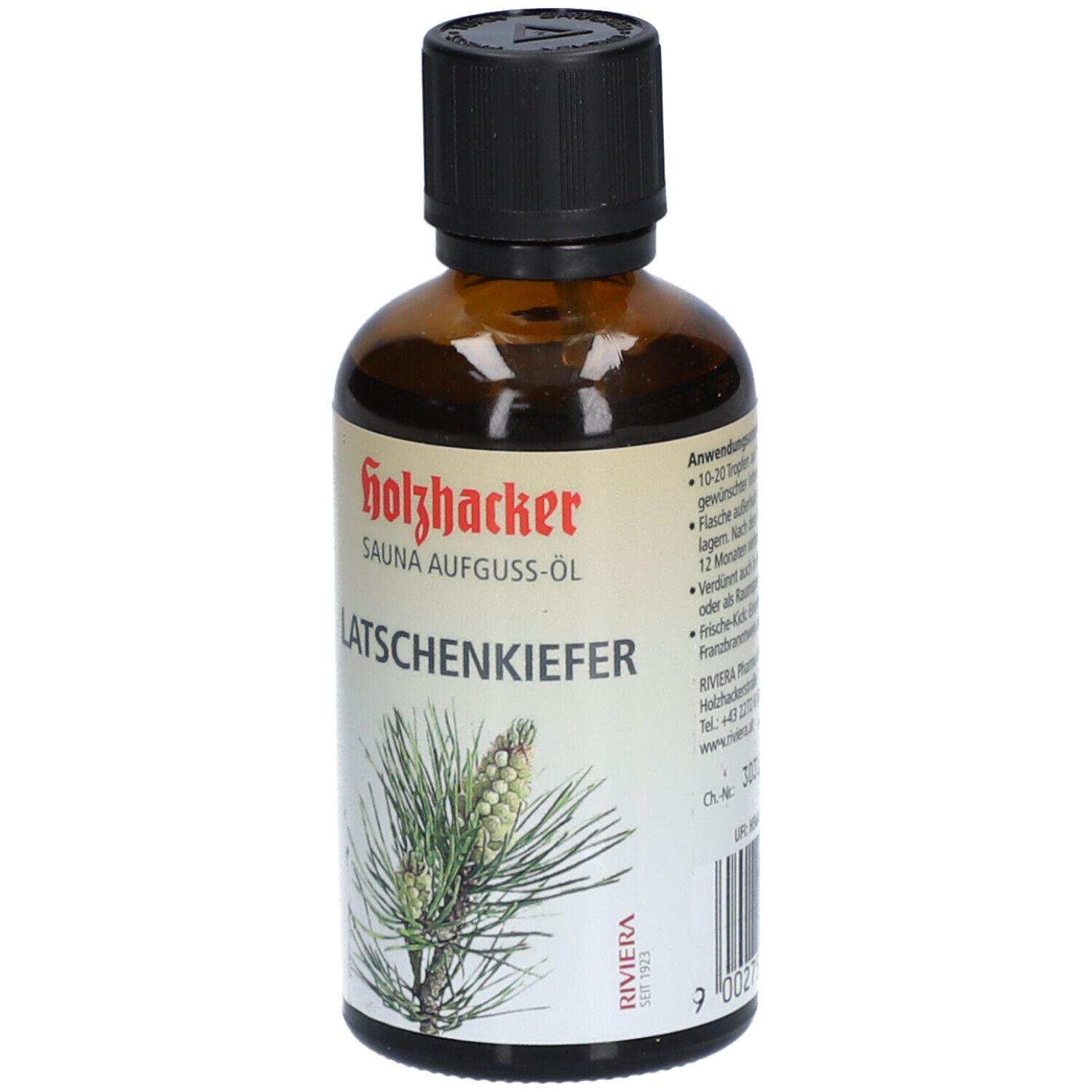 Braune Glasflasche mit schwarzem Deckel. Auf dem Etikett steht "Holzhacker SAUNA AUFGUSS-ÖL LATSCHENKIEFER".
