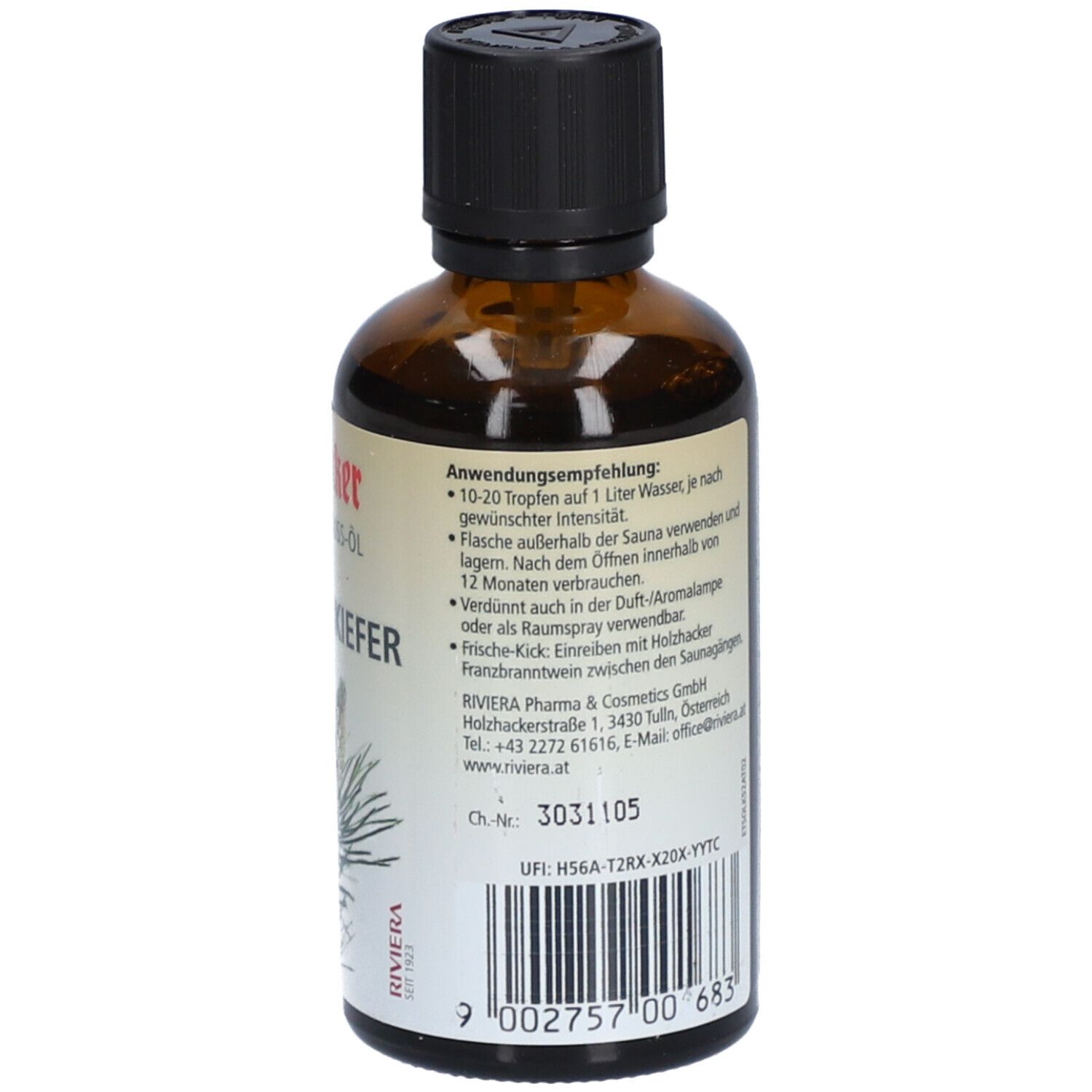 Braune Glasflasche mit schwarzem Deckel. Etikett mit Text und Barcode. Volumen: 60ml.