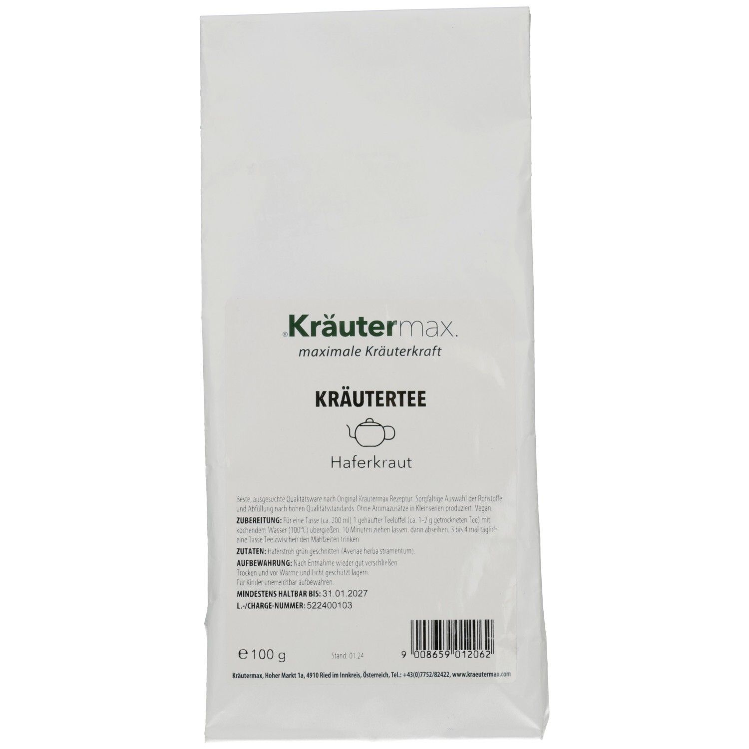 Weiße Kräutertee-Verpackung mit Produktinformationen und Logo. Text: Kräutermax, Kräutertee, Haferkraut, 100 g.