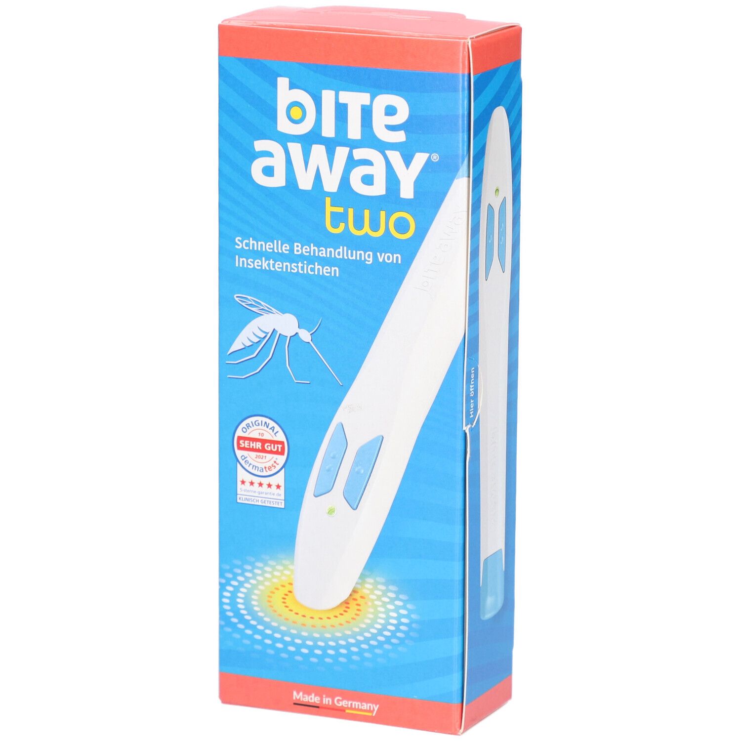 Verpackung von Bite Away Two. Weißes Gerät mit blauen Knöpfen, auf blauem Hintergrund. Rote und blaue Box mit Produktnamen.
