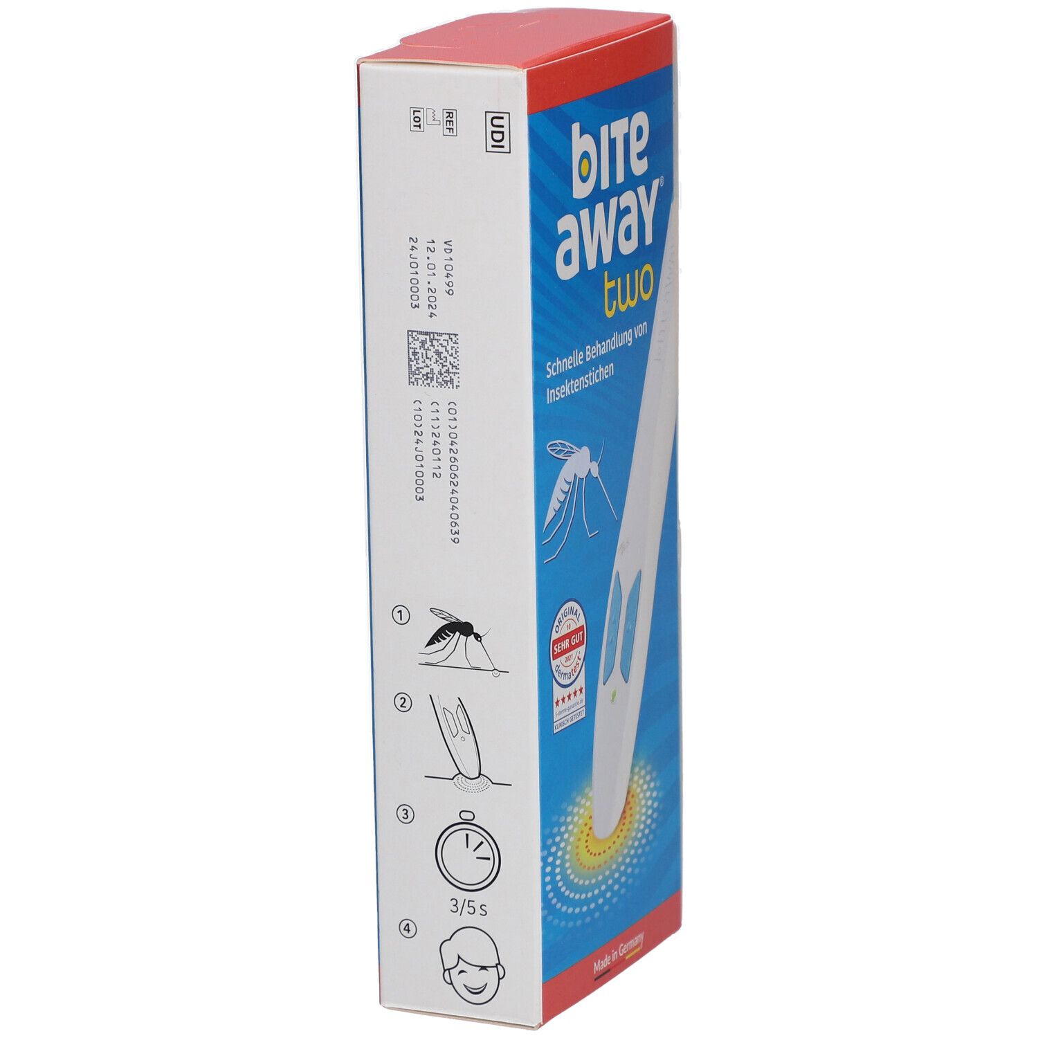 Seitenansicht der Bite Away Two Verpackung. Enthält Informationen wie UDI, QR-Code und Piktogramme. Rote und blaue Box.