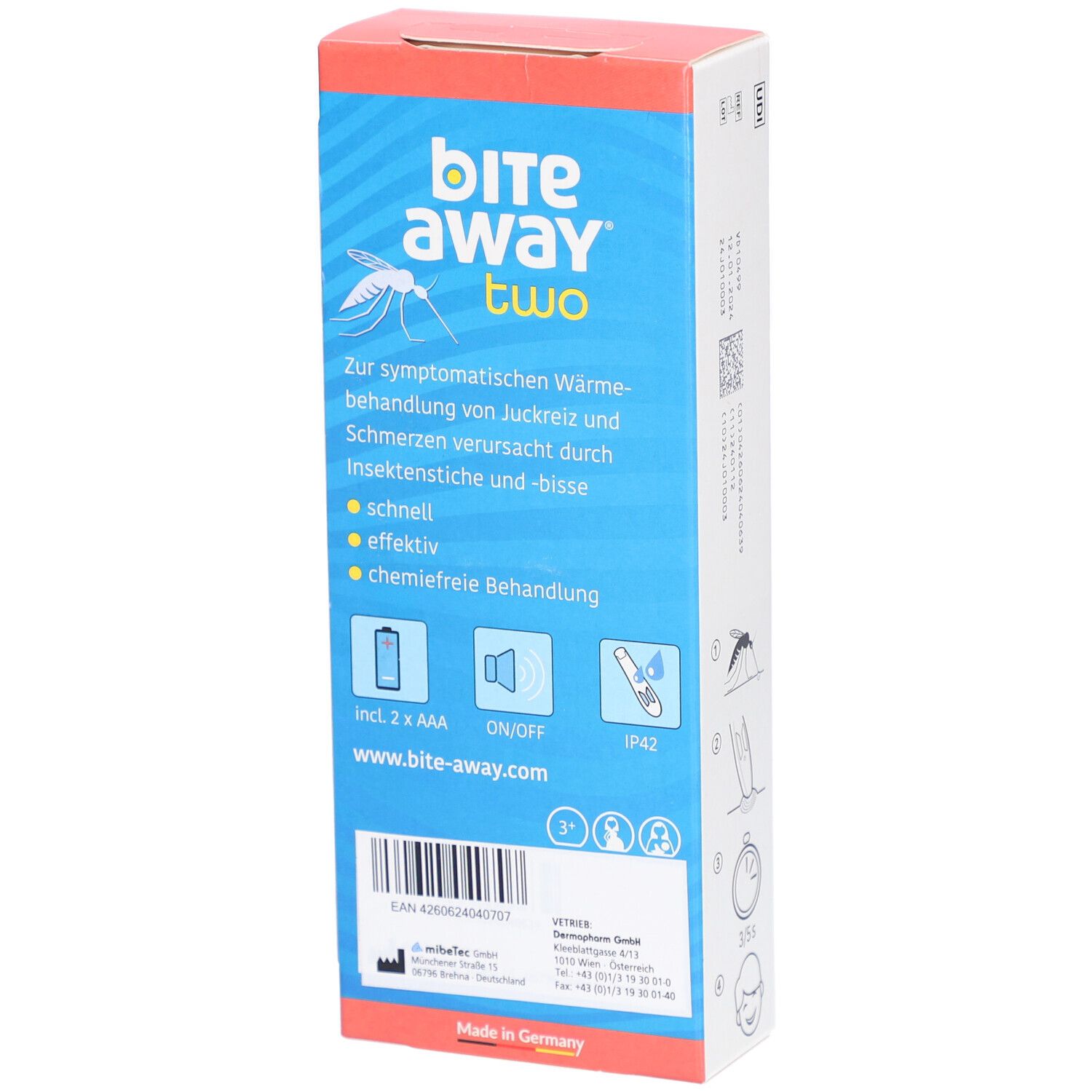 Rückseite der Bite Away Two Verpackung. Enthält Produktinformationen, Piktogramme und Kontaktinformationen. Blaue und rote Box.