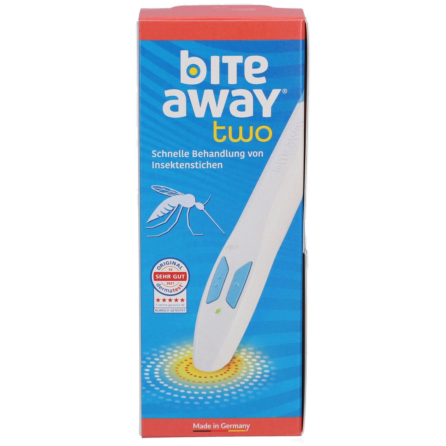 Bite Away Two Verpackung. Weißes Gerät mit blauen Knöpfen. Blaue und rote Box mit Produktnamen und Qualitätszeichen.