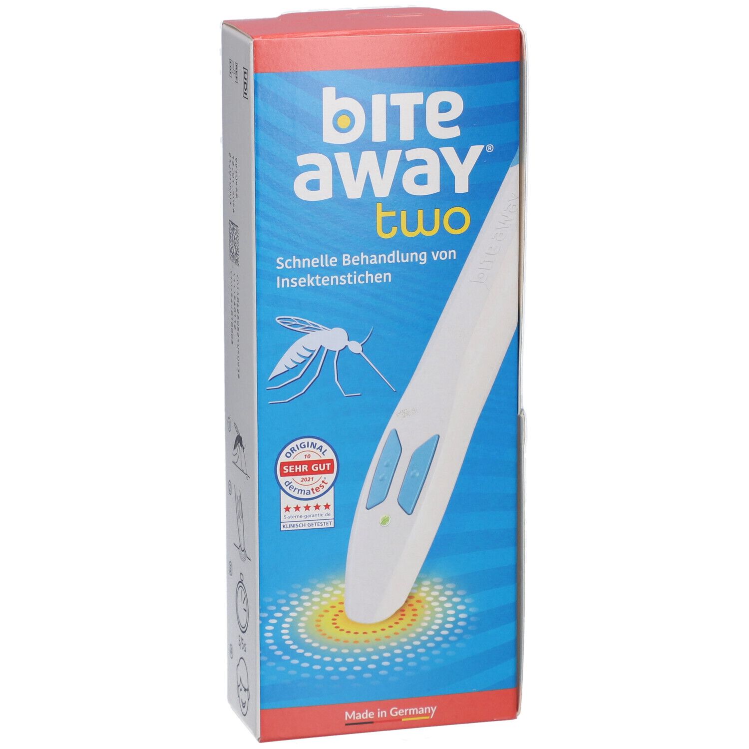 Bite Away Two Verpackung. Weißes Gerät mit blauen Knöpfen. Blaue und rote Box mit Produktnamen und Qualitätszeichen.
