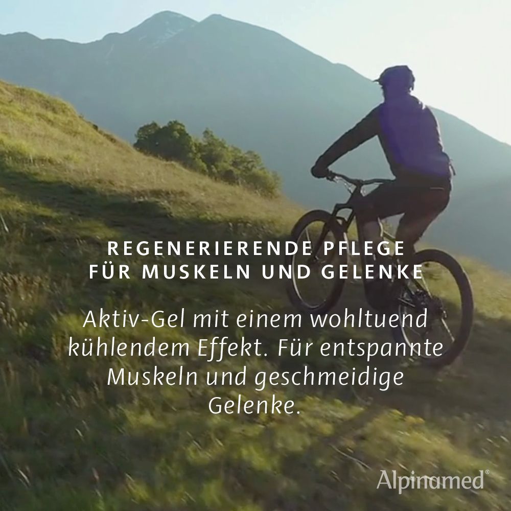 Person auf Fahrrad in bergiger Landschaft. Text: Regenerierende Pflege für Muskeln und Gelenke. Aktiv-Gel mit kühlendem Effekt.