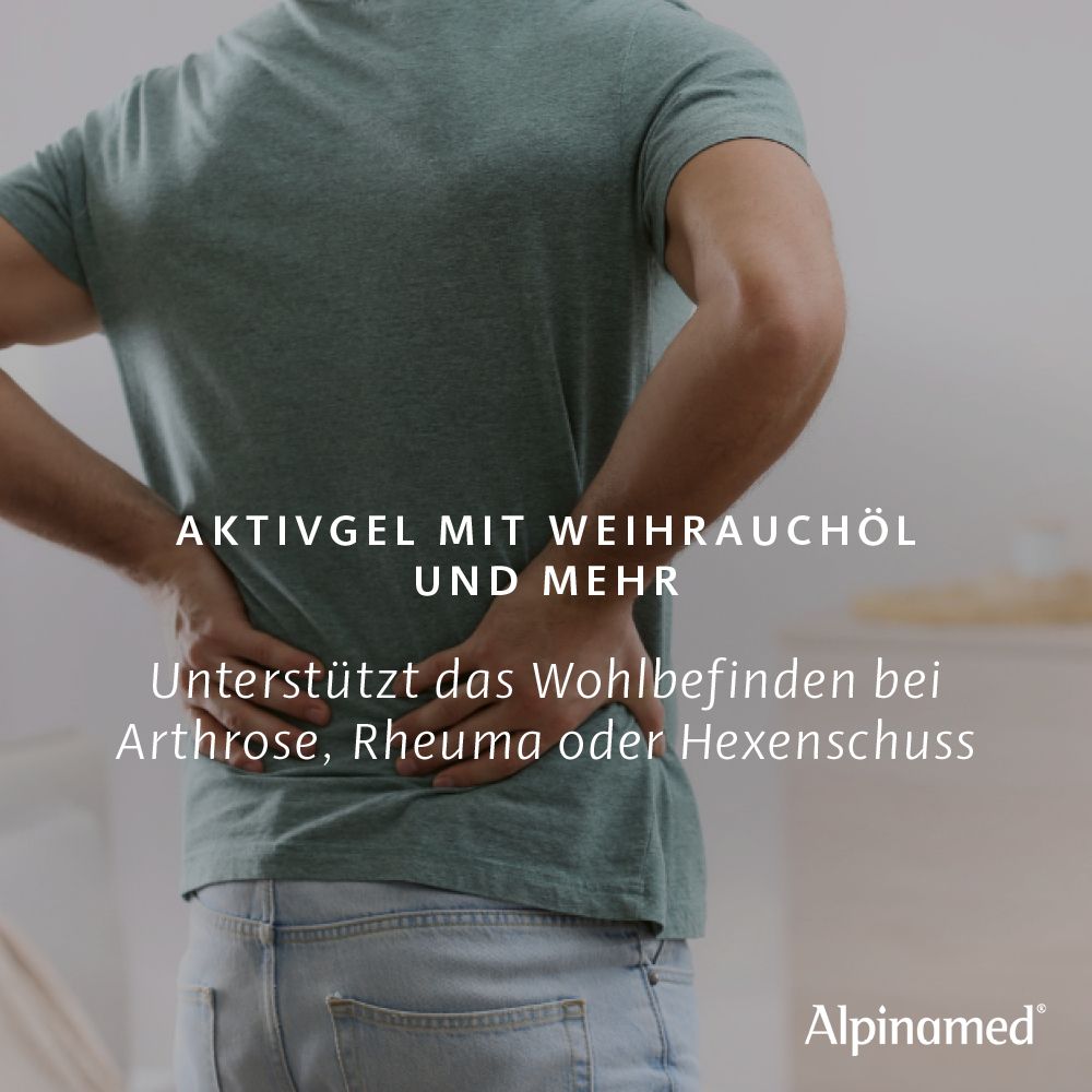 Mann mit Rückenschmerzen. Text: Aktivgel mit Weihrauchöl und mehr. Unterstützt das Wohlbefinden bei Arthrose, Rheuma oder Hexenschuss.