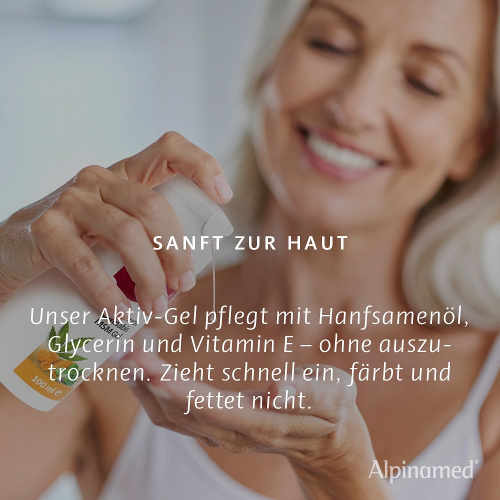 Frau trägt Gel auf. Text: Sanft zur Haut. Aktiv-Gel pflegt mit Hanfsamenöl, Glycerin und Vitamin E. Zieht schnell ein, färbt und fettet nicht.