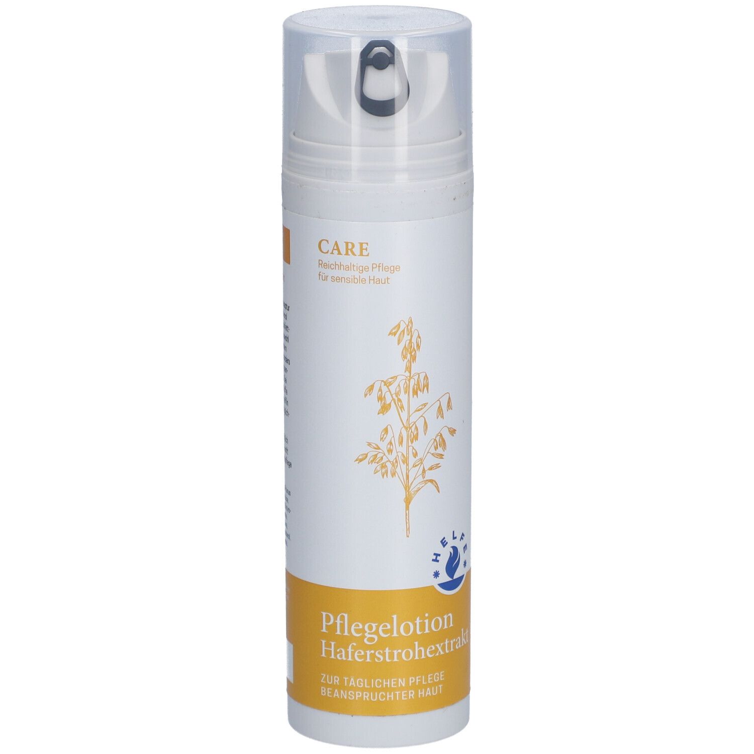 Flacon blanc avec distributeur. Inscription : Pflegelotion Haferstrohextrakt. Bande jaune avec texte.