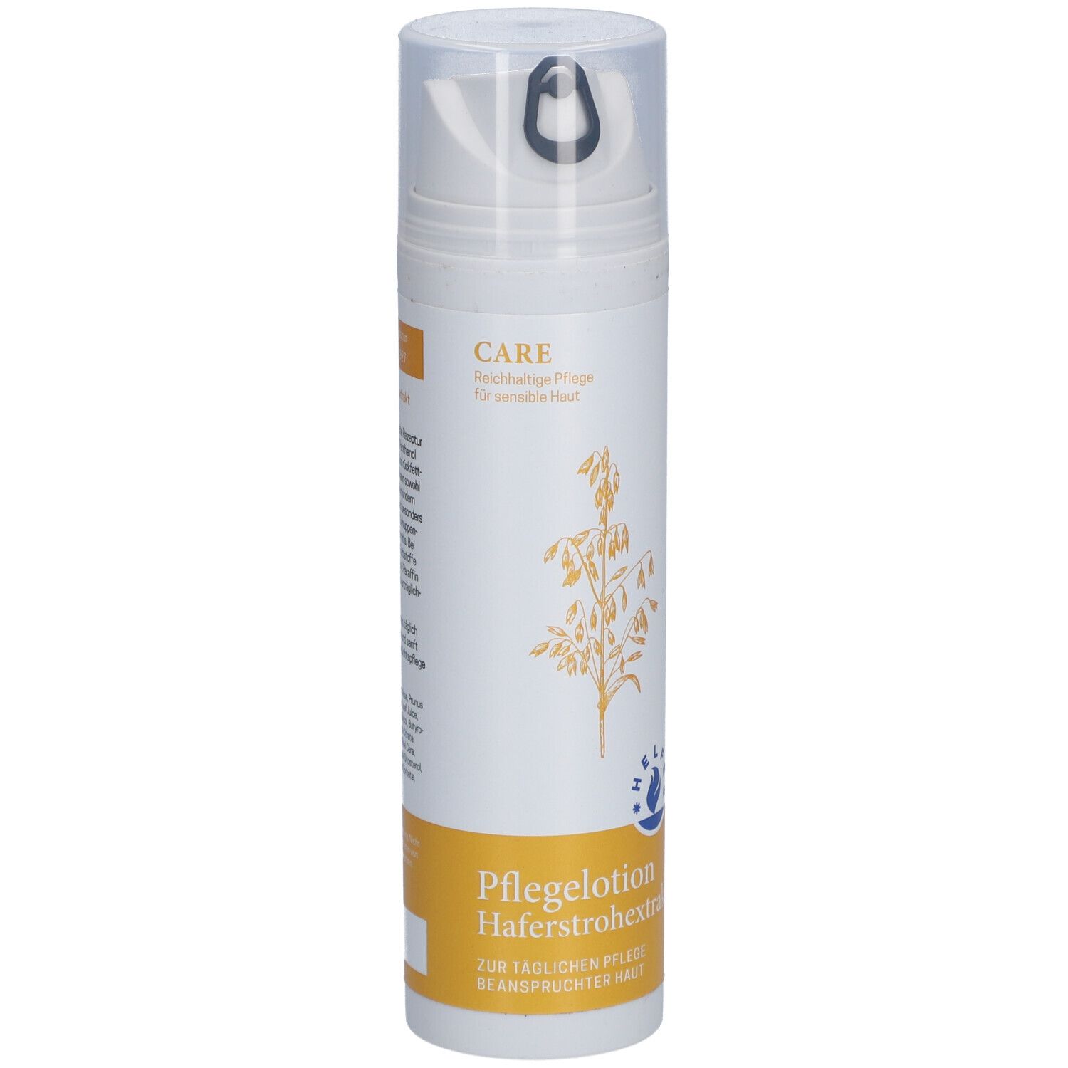 Flacon blanc avec distributeur. Inscription : Pflegelotion Haferstrohextrakt. Bande jaune avec texte.