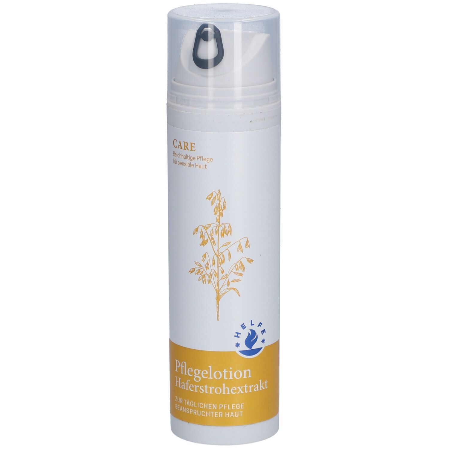 Flacon blanc avec distributeur. Inscription : Pflegelotion Haferstrohextrakt. Bande jaune avec texte.