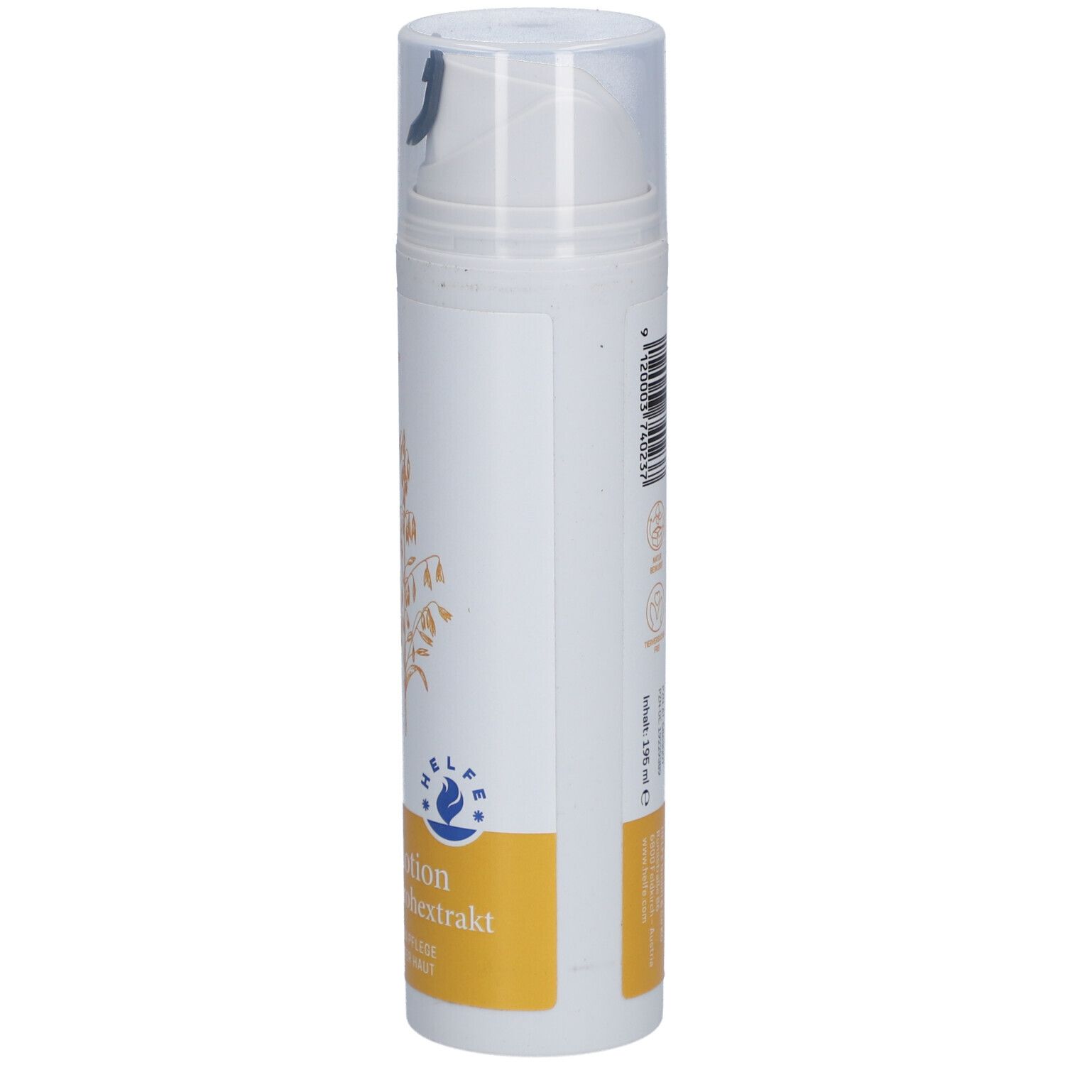 Flacon blanc avec distributeur. Inscription : Pflegelotion Haferstrohextrakt. Bande jaune avec texte.