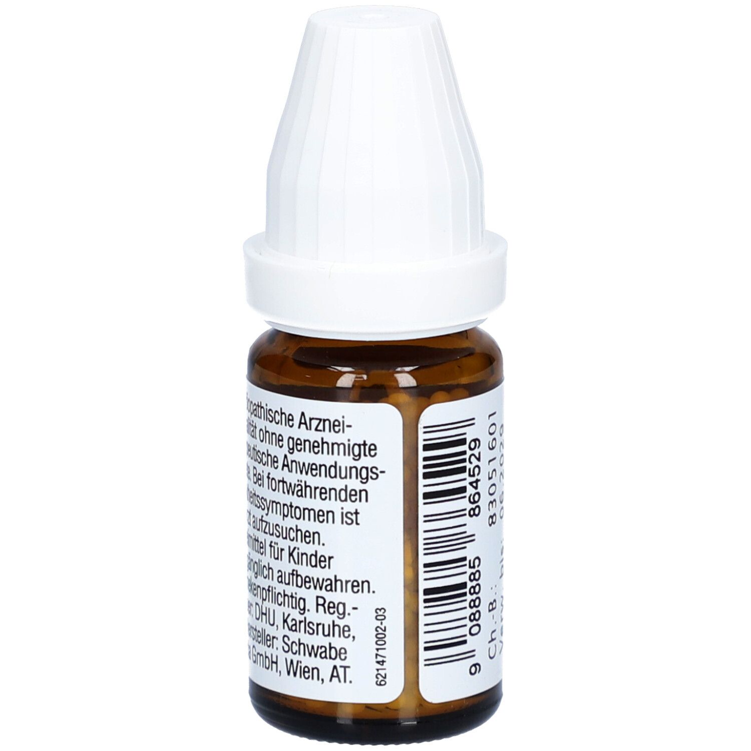 Braune Glasflasche mit weißem Deckel. Aufschrift: Homöopathische Arzneimittel. Barcode und weitere Informationen.