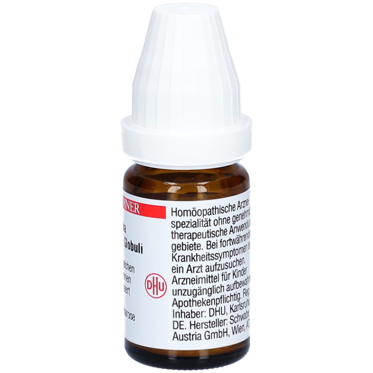 Braune Glasflasche mit weißem Deckel. Aufschrift: DR. PEITHNER, Ambrosia, DHU - D15 - Globuli. Homöopathische Arzneimittel.