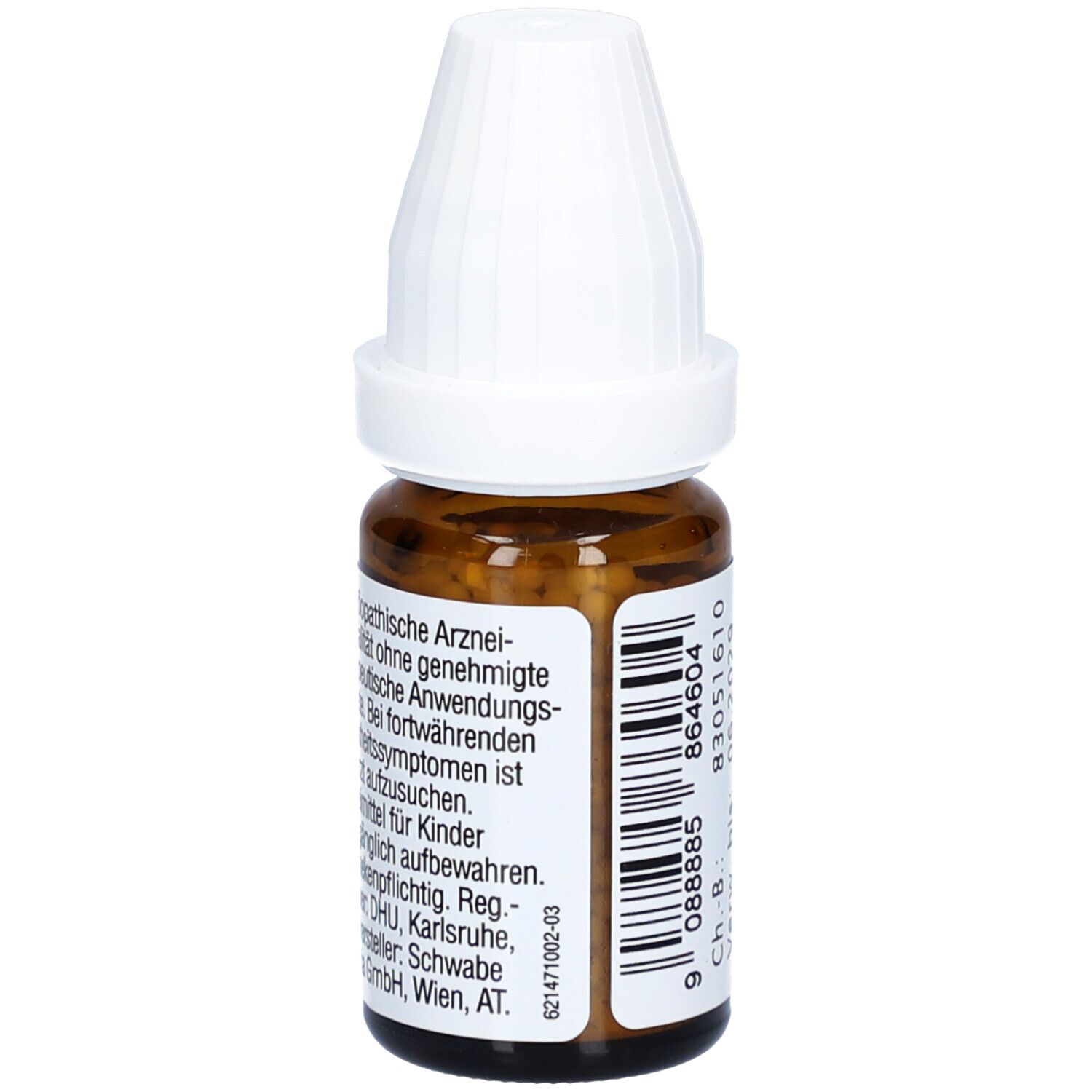 Braune Glasflasche mit weißem Deckel. Text: Homöopathische Arzneimittel. Barcode. Beschriftung: DR. PEITHNER Apis mellifica - DHU - D11 - Globuli.