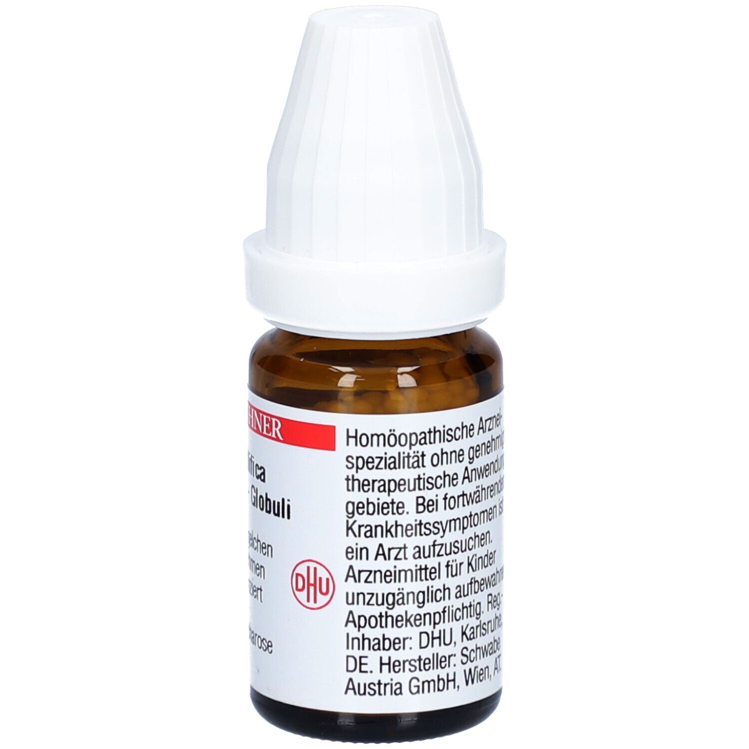 Braune Glasflasche mit weißem Deckel. Beschriftung: DR. PEITHNER Apis mellifica - DHU - D11 - Globuli. Text: Homöopathische Arzneimittel. DHU Logo.