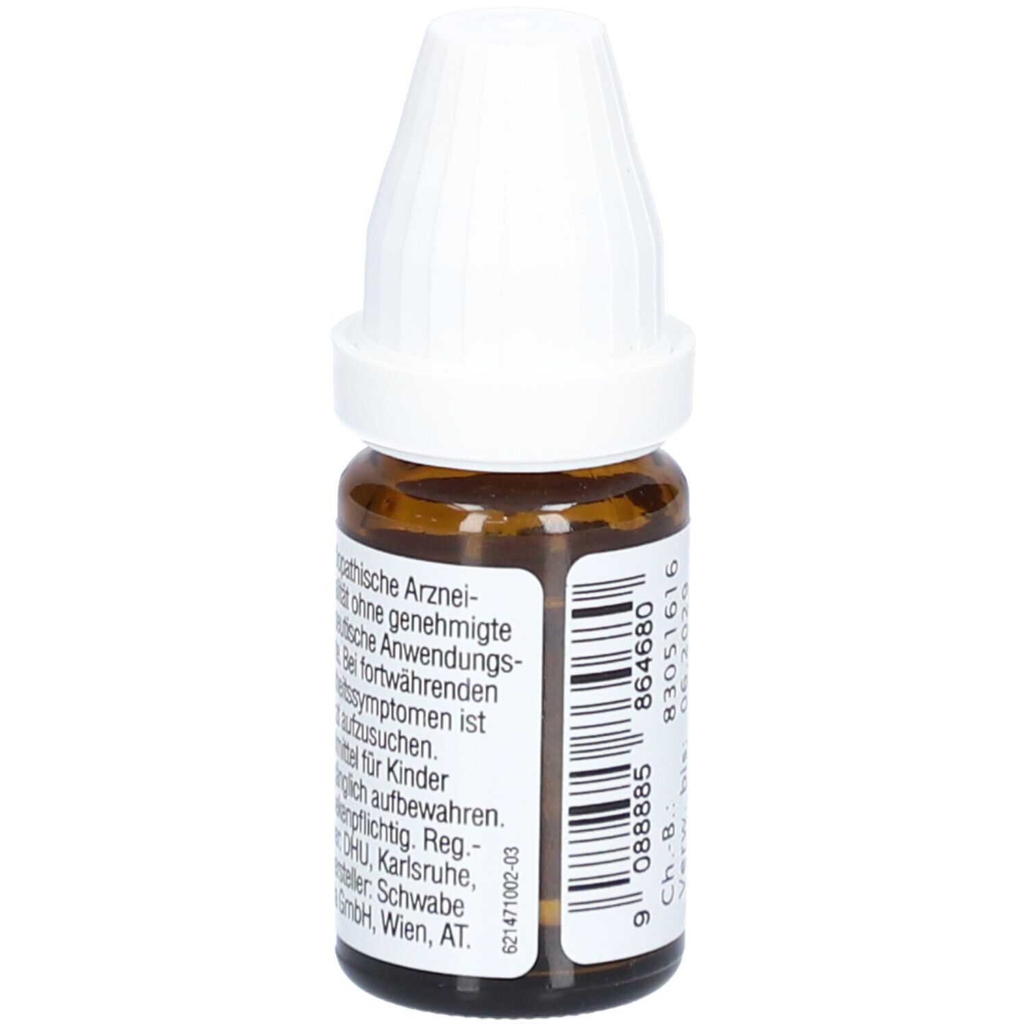 Braune Glasflasche mit weißem Deckel. Etikett mit Produktinformationen und Barcode. DR. PEITHNER, Atropa bella-donna, DHU - C4 - Dilution.