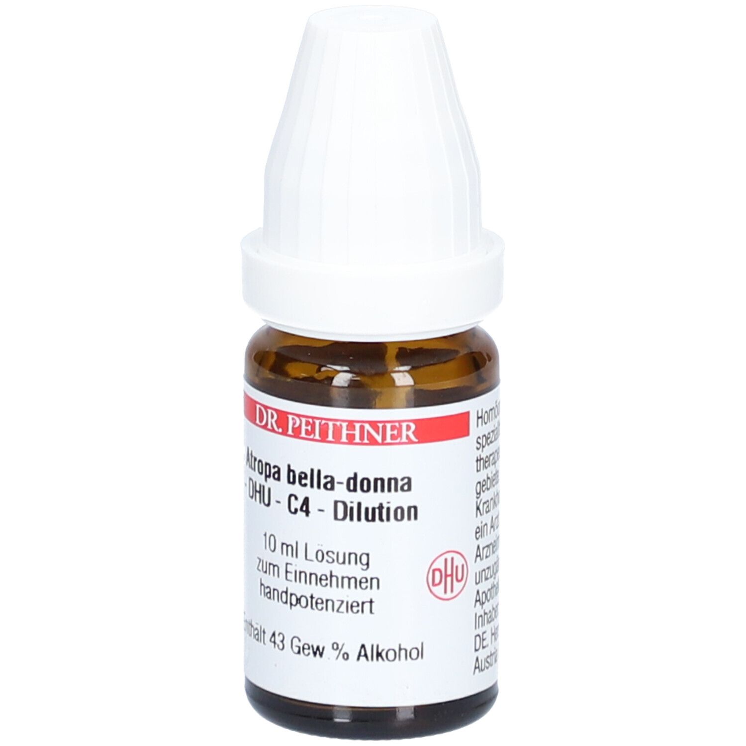 Braune Glasflasche mit weißem Deckel. Etikett mit Produktinformationen: DR. PEITHNER, Atropa bella-donna, DHU - C4 - Dilution.