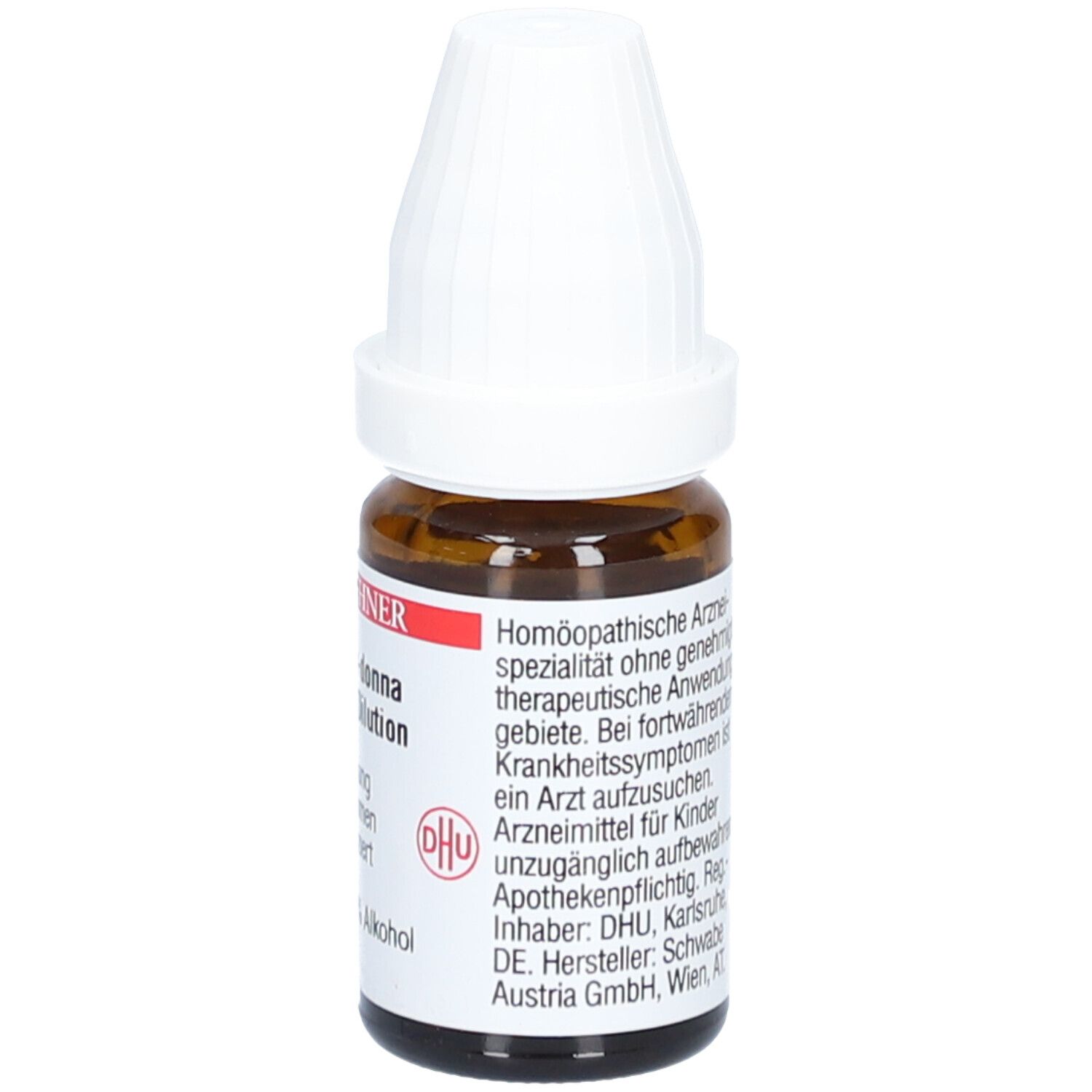 Braune Glasflasche mit weißem Deckel. Etikett mit Produktinformationen. DR. PEITHNER, Atropa bella-donna, DHU - C4 - Dilution.