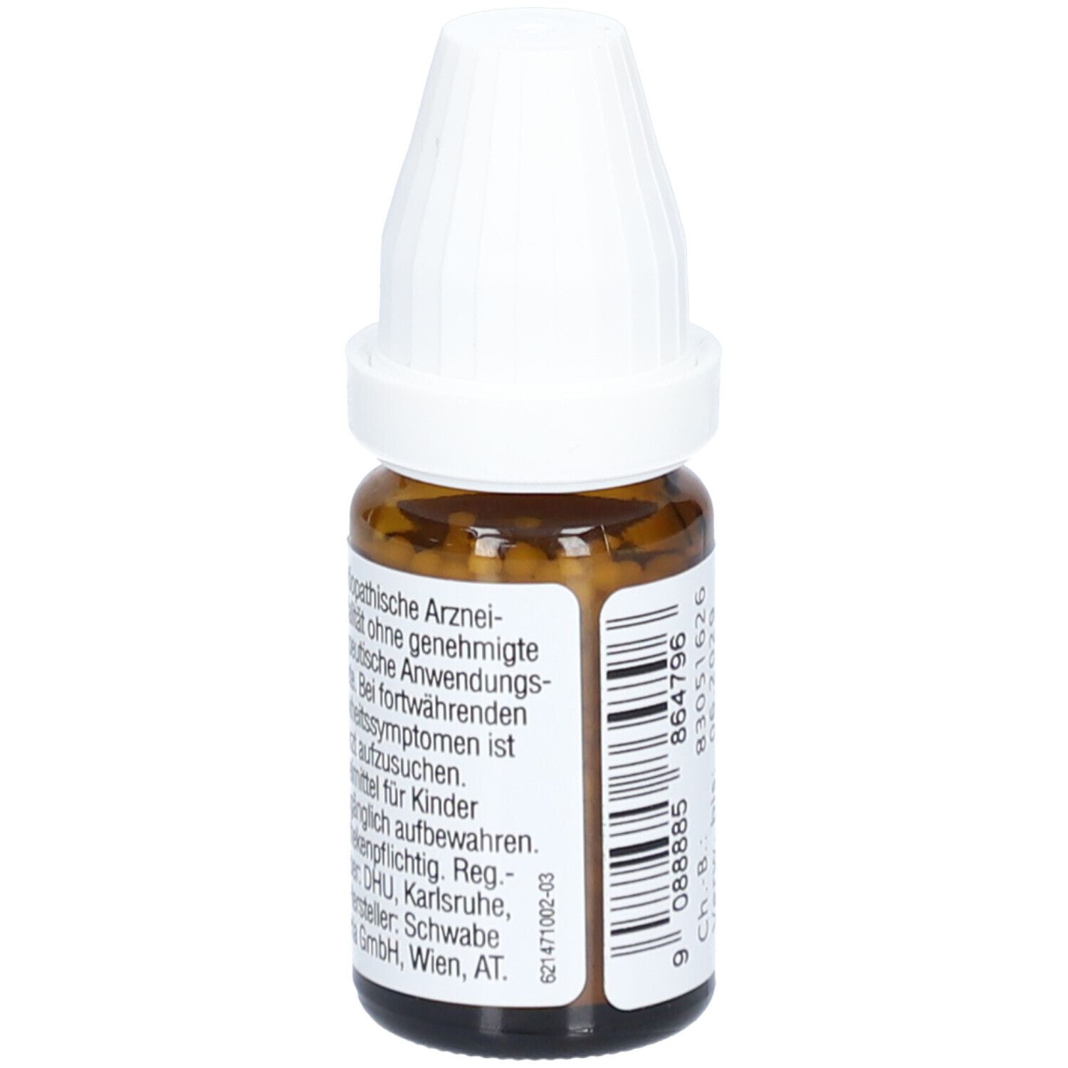 Braune Glasflasche mit weißem Deckel. Etikett mit Text über homöopathische Arzneimittel. DHU-Logo.