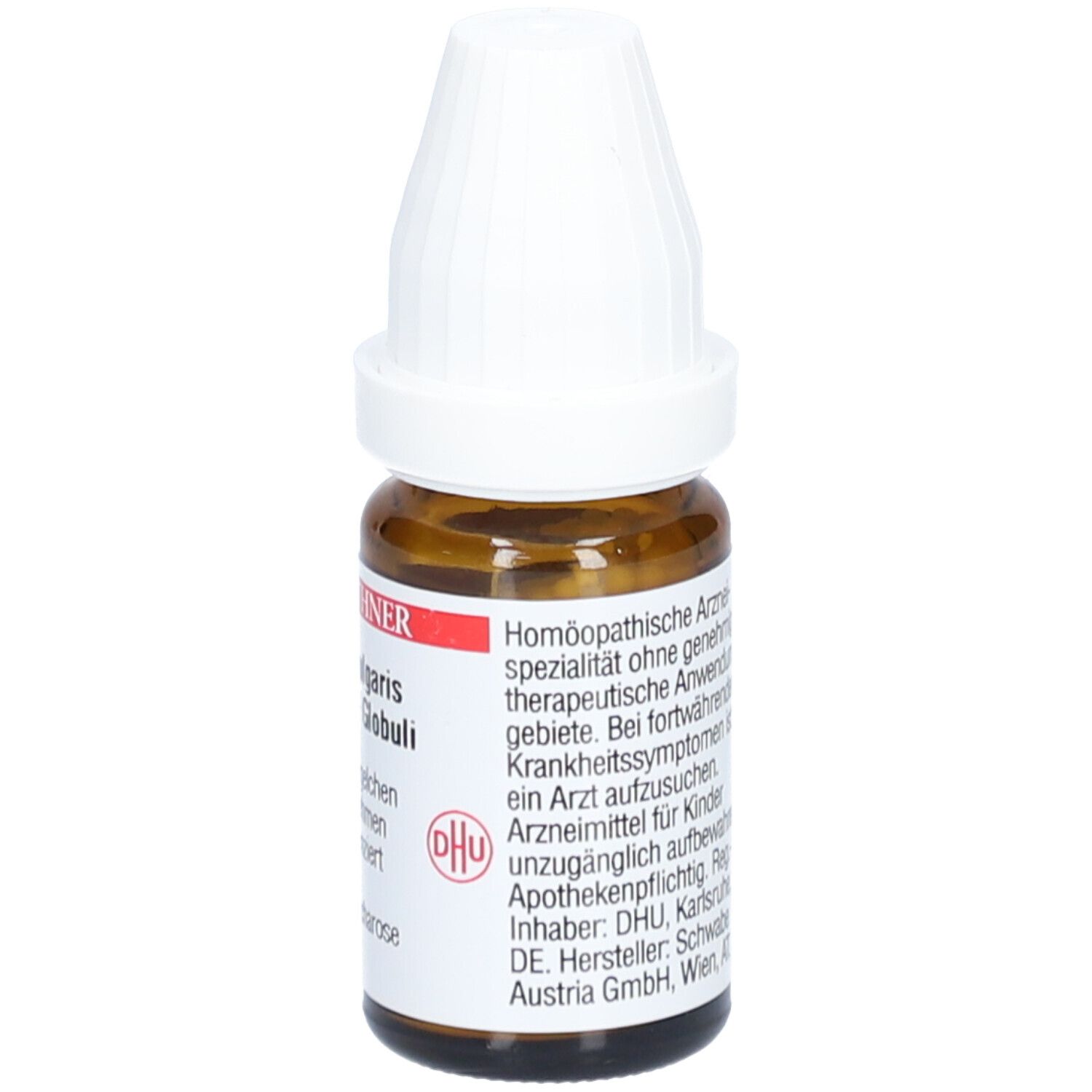 Braune Glasflasche mit weißem Deckel. Etikett mit Text über homöopathische Arzneimittel. DHU-Logo.
