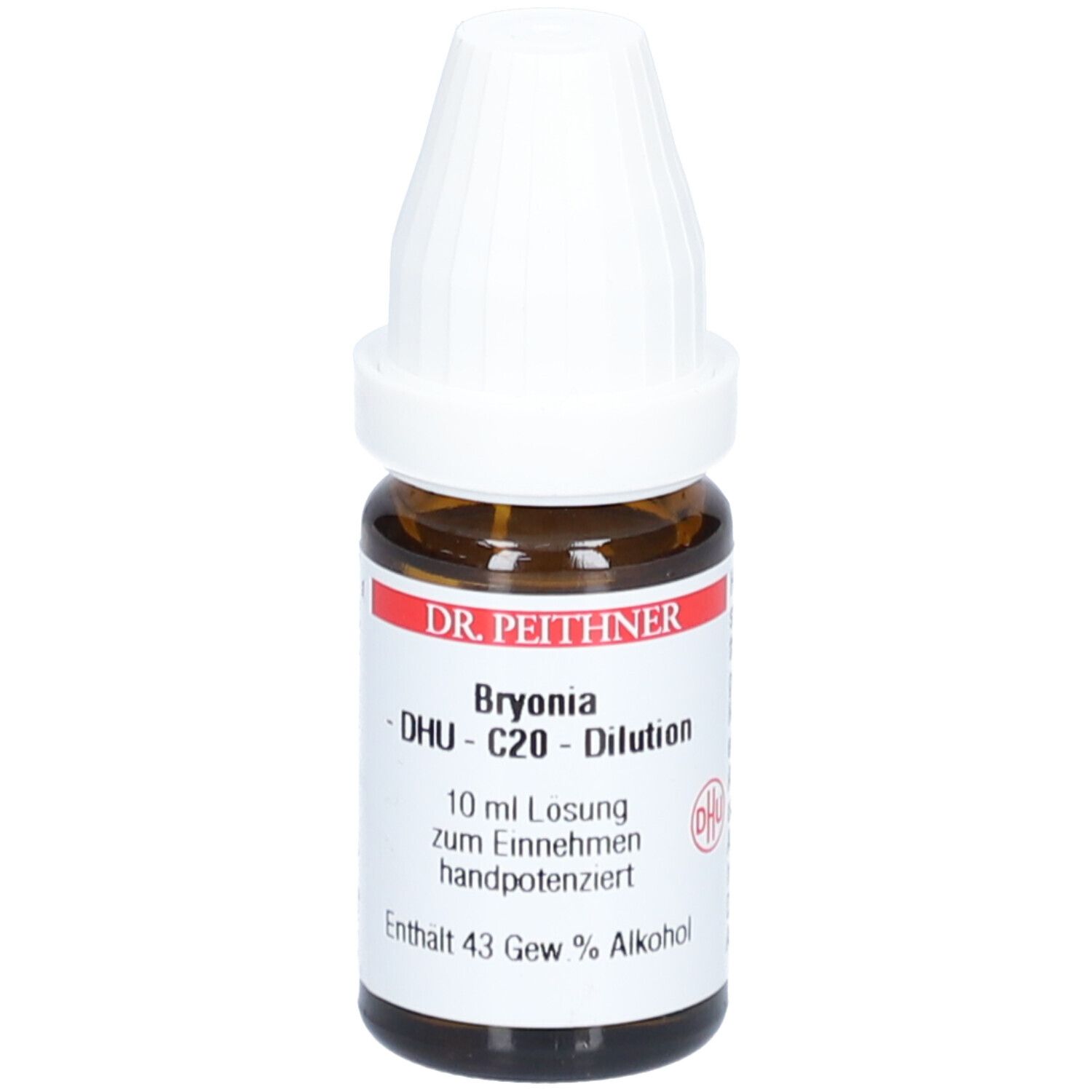 Braune Glasflasche mit weißem Deckel. Beschriftung: DR. PEITHNER Bryonia DHU - C20 - Dilution. 10 ml Lösung. Enthält 43 Gew.% Alkohol.