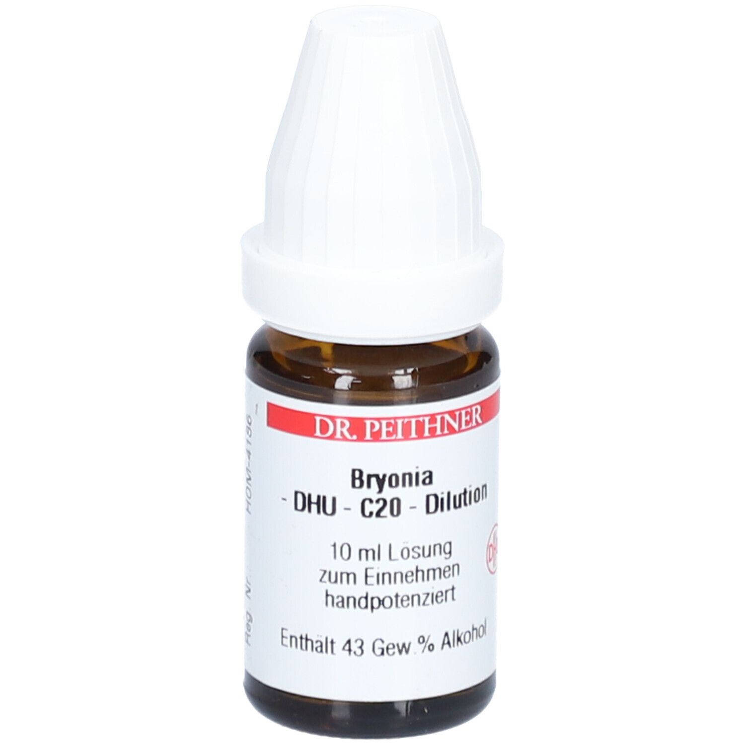 Braune Glasflasche mit weißem Deckel. Beschriftung: DR. PEITHNER Bryonia DHU - C20 - Dilution. 10 ml Lösung. Enthält 43 Gew.% Alkohol.