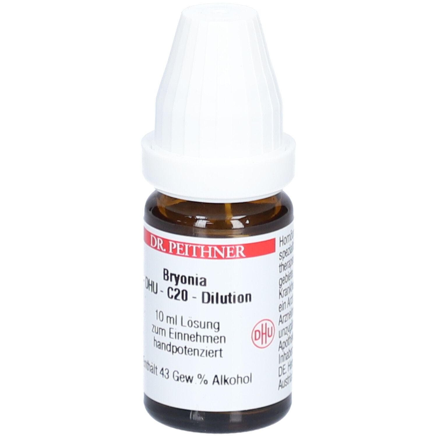 Braune Glasflasche mit weißem Deckel. Beschriftung: DR. PEITHNER Bryonia DHU - C20 - Dilution. 10 ml Lösung. Enthält 43 Gew.% Alkohol.