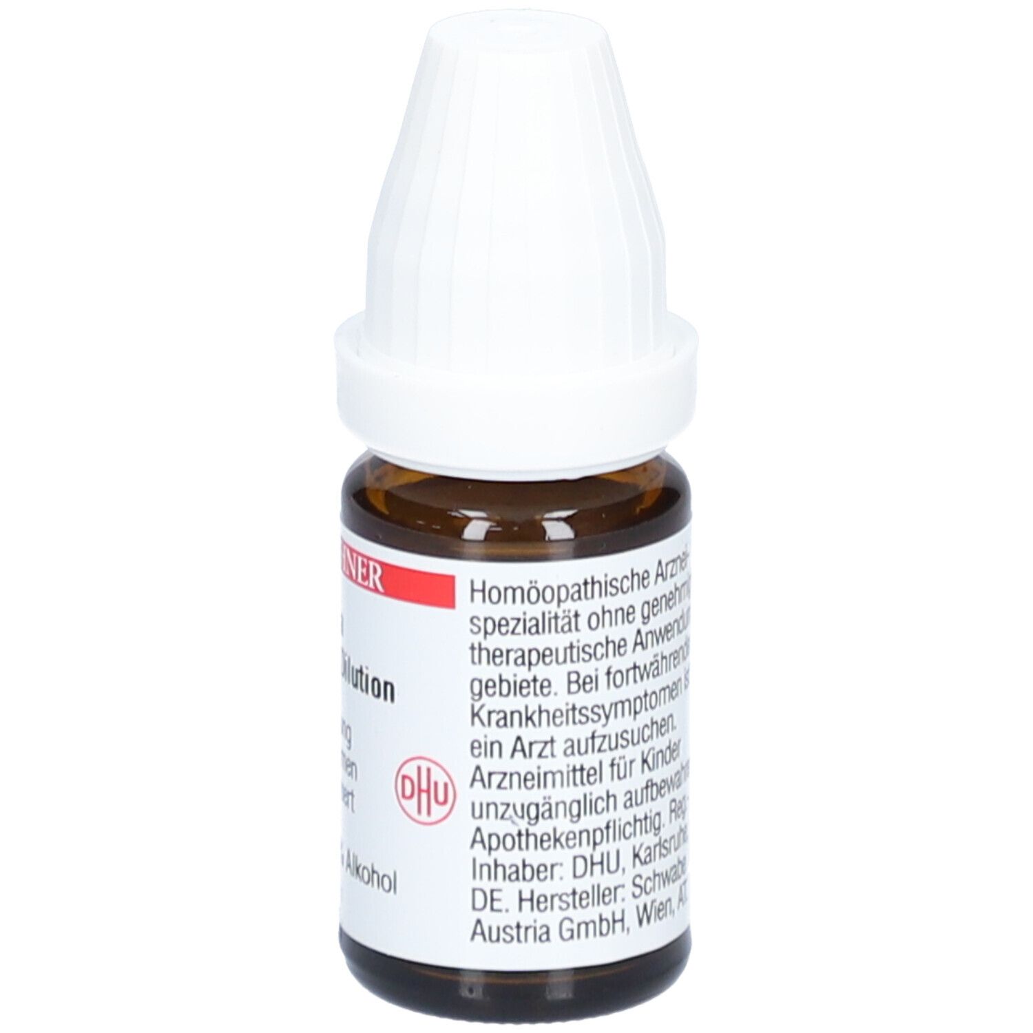 Braune Glasflasche mit weißem Deckel. Etikett mit Text. Homöopathische Arznei. Apothekenpflichtig. Hersteller: DHU, Karlsruhe.