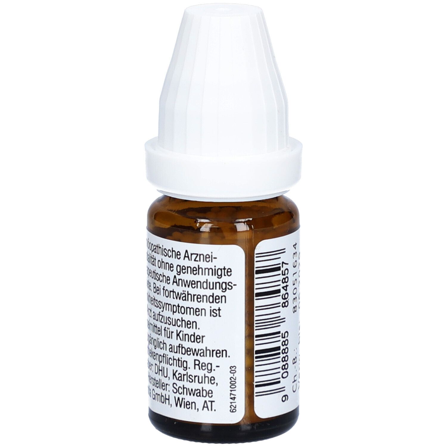 Braune Glasflasche mit weißem Deckel. Etikett mit Text und Barcode. Homöopathisches Arzneimittel.
