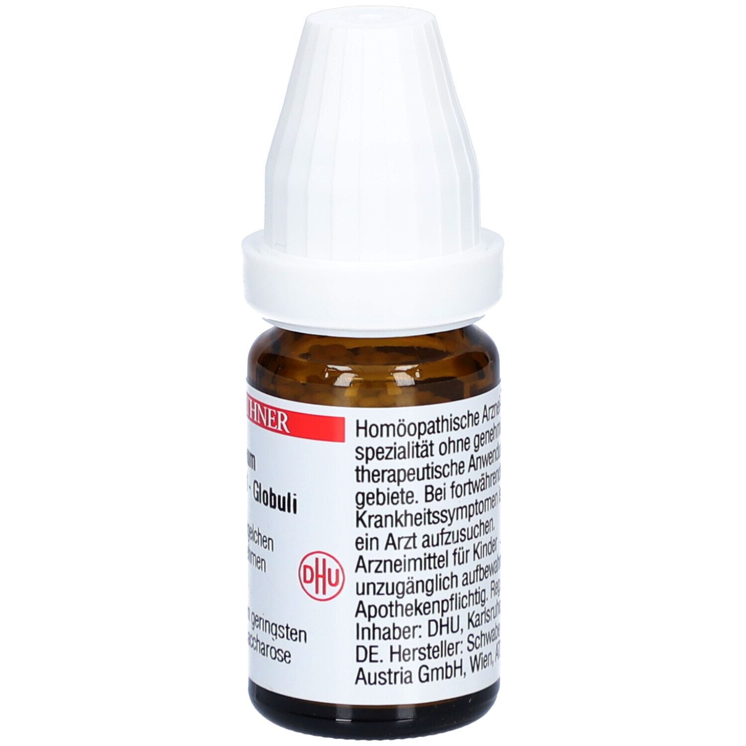 Braune Glasflasche mit weißem Deckel. Beschriftung: Dr. Peithner, Cadmium, DHU - C200 - Globuli. Homöopathisches Arzneimittel.