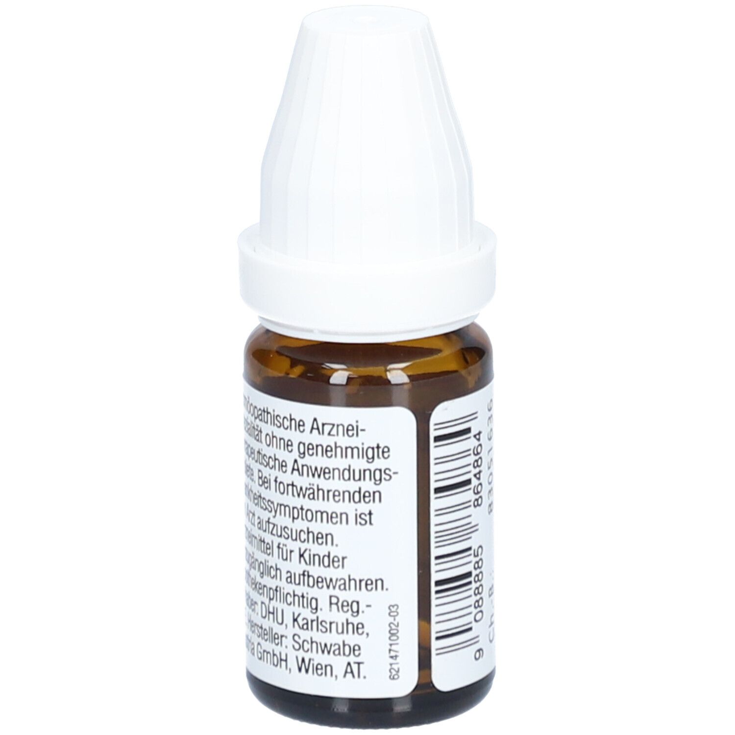Braune Glasflasche mit weißem Deckel. Etikett mit Text: DR. PEITHNER, Cadmium sulfuricum - DHU - C200 - Dilution, homöopathisches Arzneimittel.