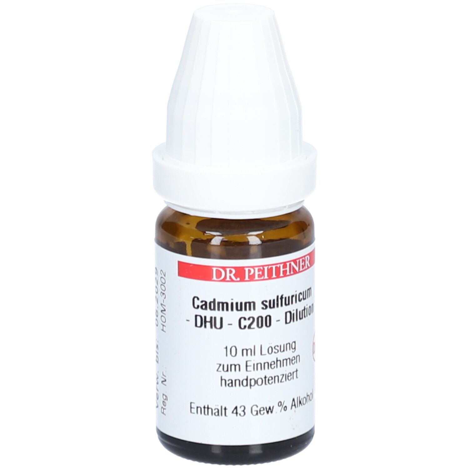 Braune Glasflasche mit weißem Deckel. Beschriftung: DR. PEITHNER, Cadmium sulfuricum - DHU - C200 - Dilution, 10 ml Lösung.