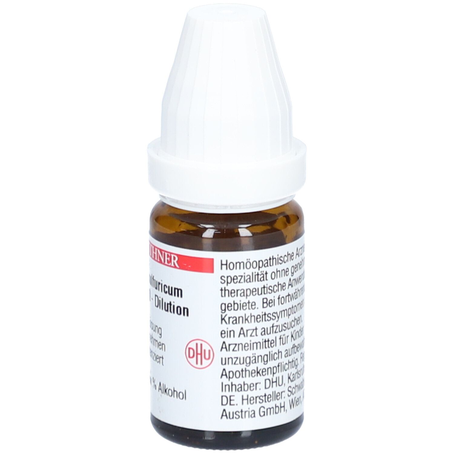 Braune Glasflasche mit weißem Deckel. Beschriftung: DR. PEITHNER, Cadmium sulfuricum - DHU - C200 - Dilution, homöopathisches Arzneimittel.
