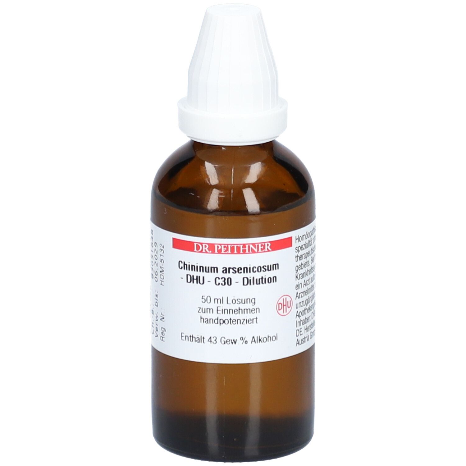 Braune Glasflasche mit weißem Verschluss. Etikett mit Produktnamen und Inhaltsangaben. Marke: Dr. Peithner.
