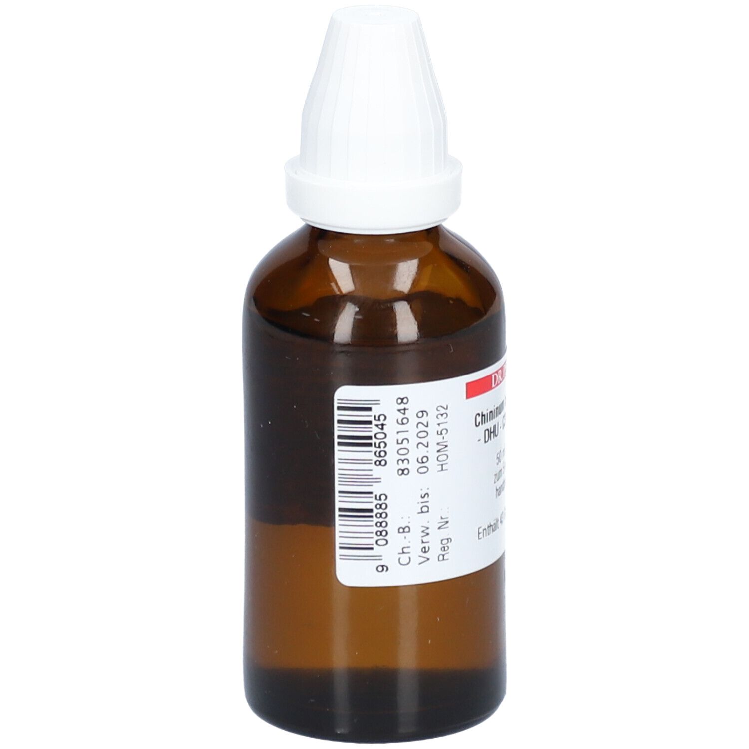 Braune Glasflasche mit weißem Verschluss. Etikett mit Barcode und Produktinformationen. Marke: Dr. Peithner.