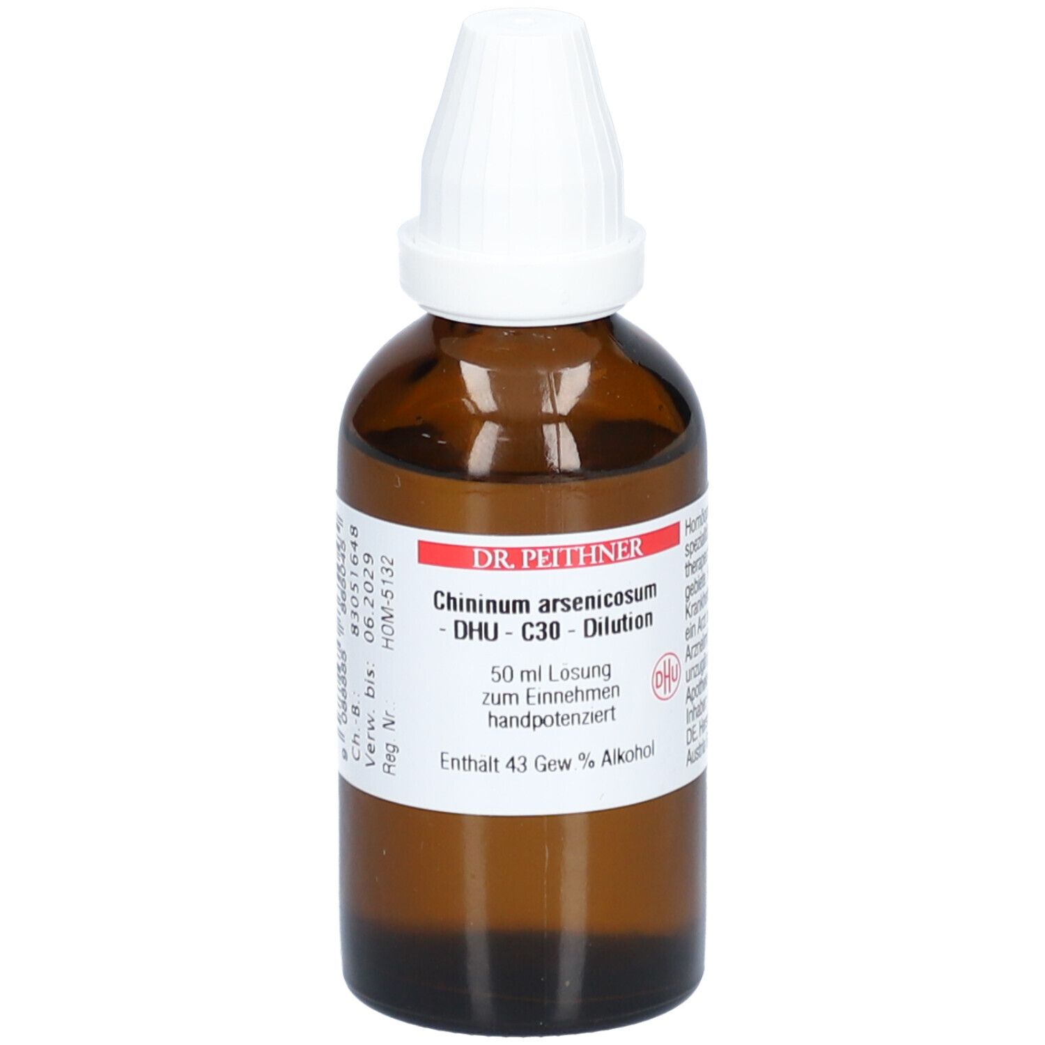 Braune Glasflasche mit weißem Verschluss. Etikett mit Produktnamen und Inhaltsangaben. Marke: Dr. Peithner.