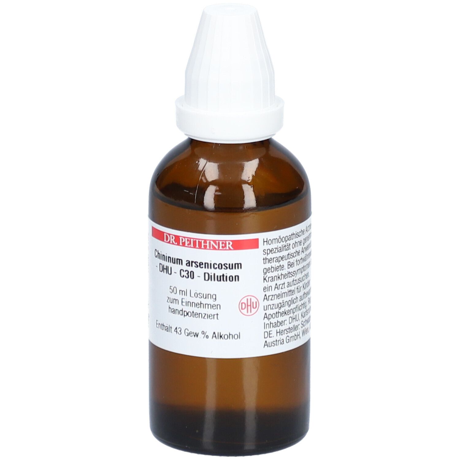 Braune Glasflasche mit weißem Verschluss. Etikett mit Produktnamen und Inhaltsangaben. Marke: Dr. Peithner.