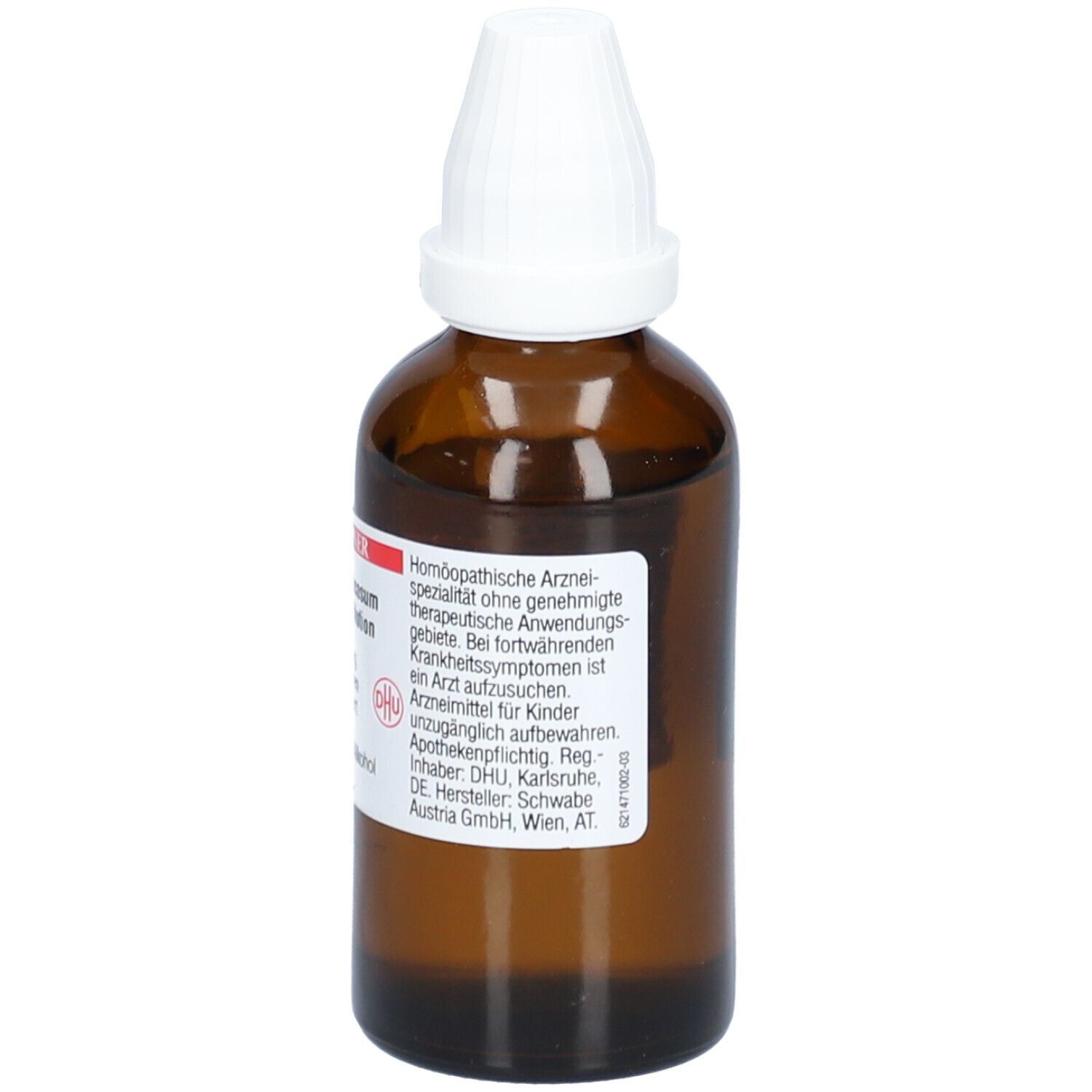 Braune Glasflasche mit weißem Verschluss. Etikett mit Produktinformationen. Marke: Dr. Peithner.