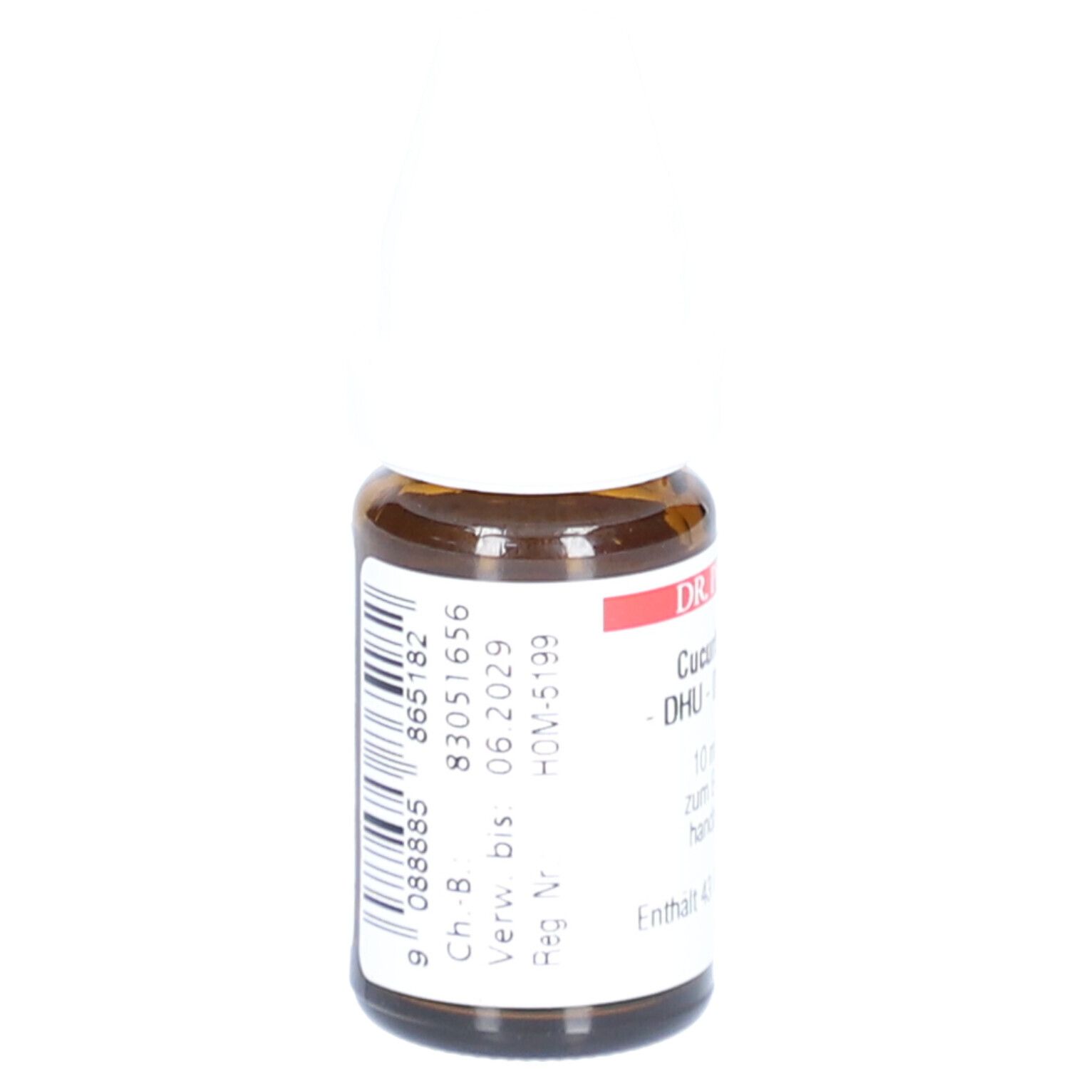 Rückansicht der braunen Glasflasche. Barcode und Produktinformationen auf dem Etikett. Verfallsdatum: 06.2029.