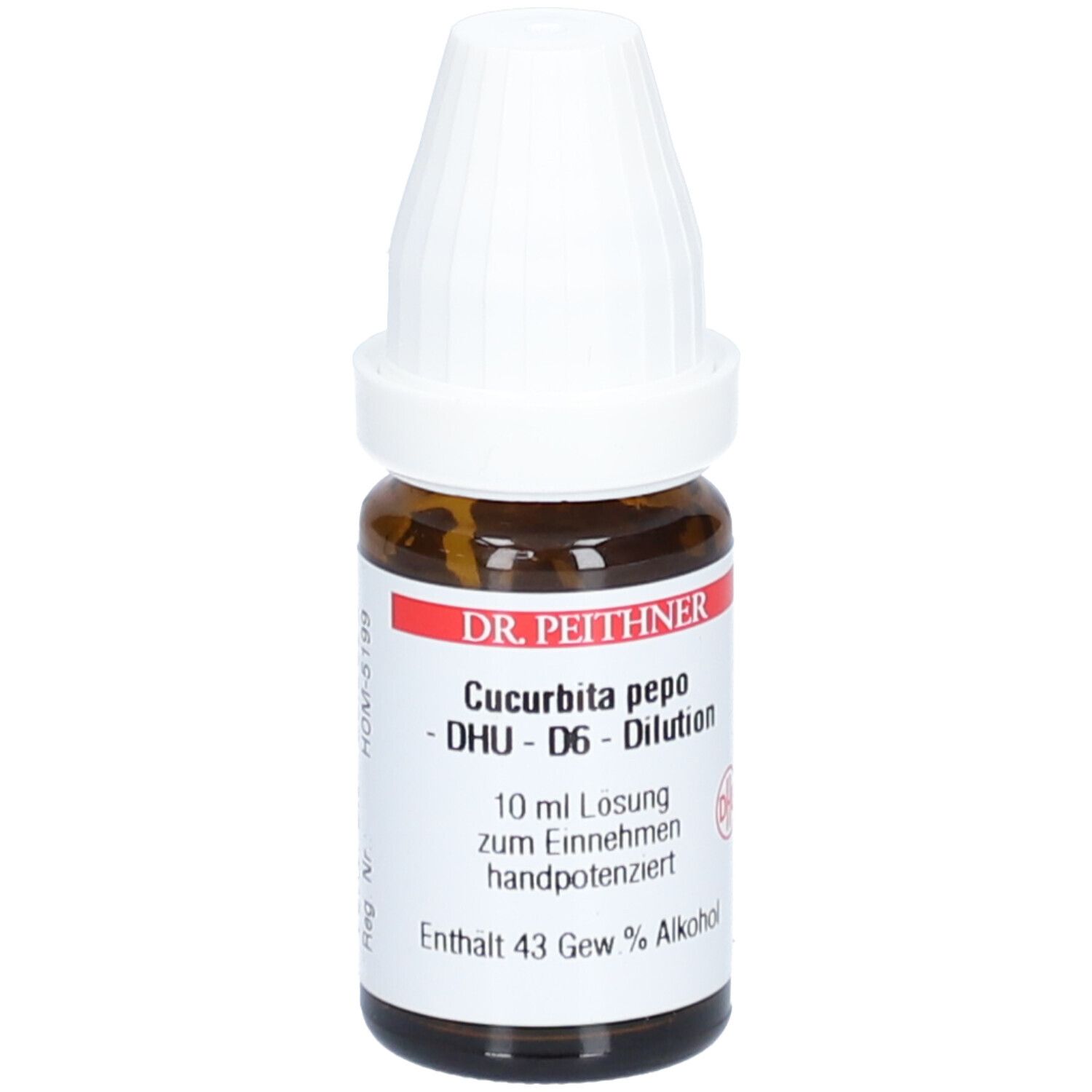 Braune Glasflasche mit weißem Verschluss. Etikett mit Produktinformationen: DR. PEITHNER, Cucurbita pepo - DHU - D6 - Dilution.