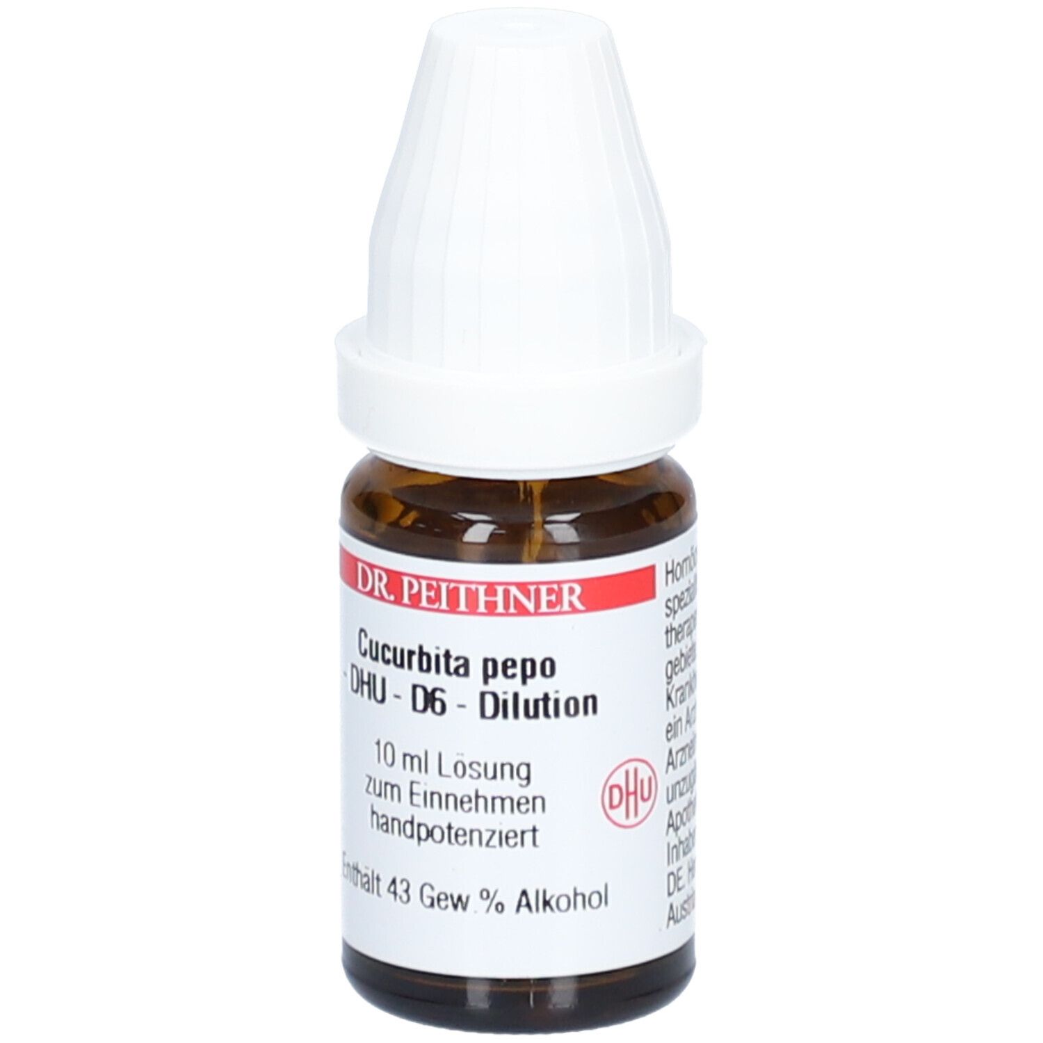 Braune Glasflasche mit weißem Verschluss. Etikett mit Produktinformationen: DR. PEITHNER, Cucurbita pepo - DHU - D6 - Dilution.
