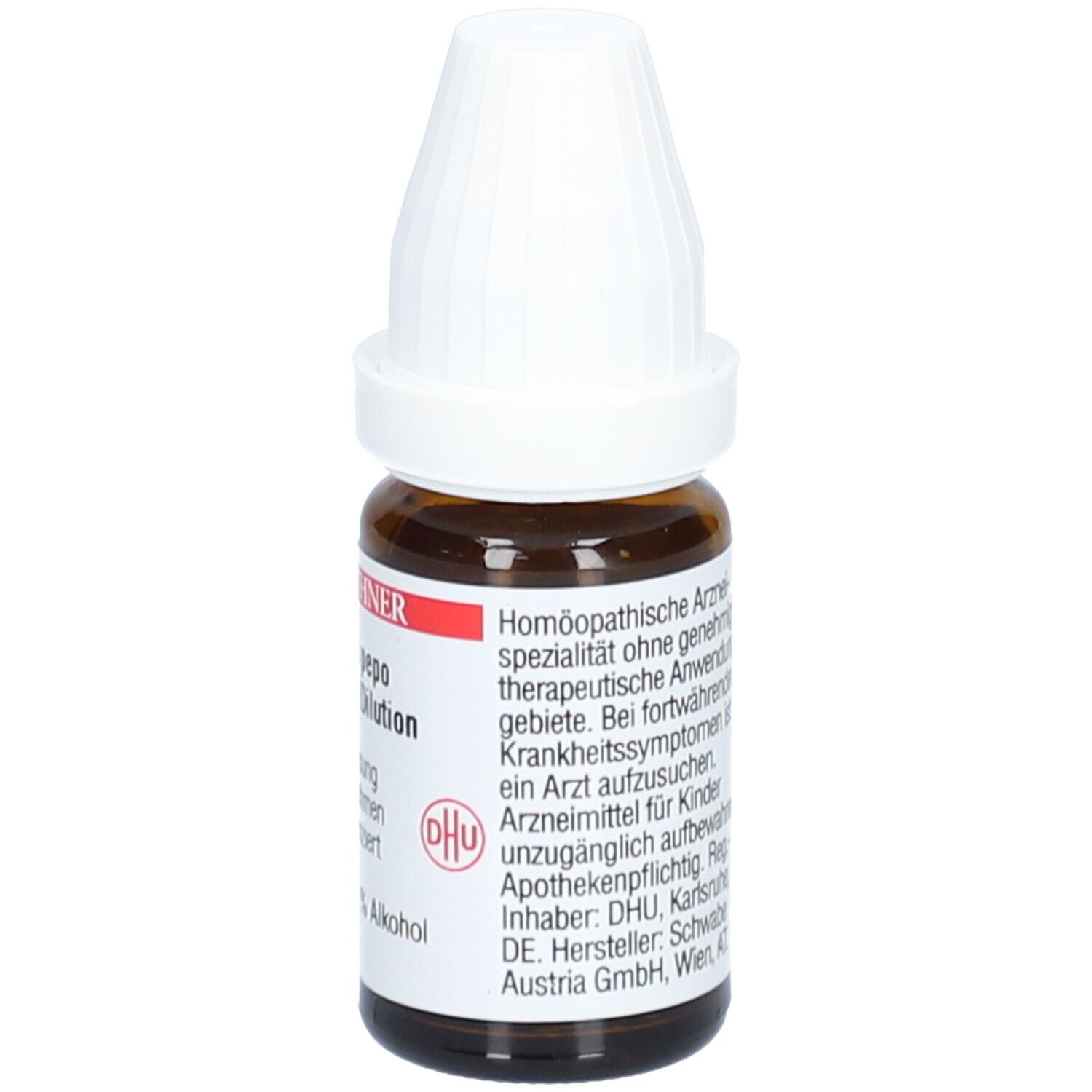 Braune Glasflasche mit weißem Verschluss. Etikett mit Produktinformationen und Text: homöopathische Arzneimittel.