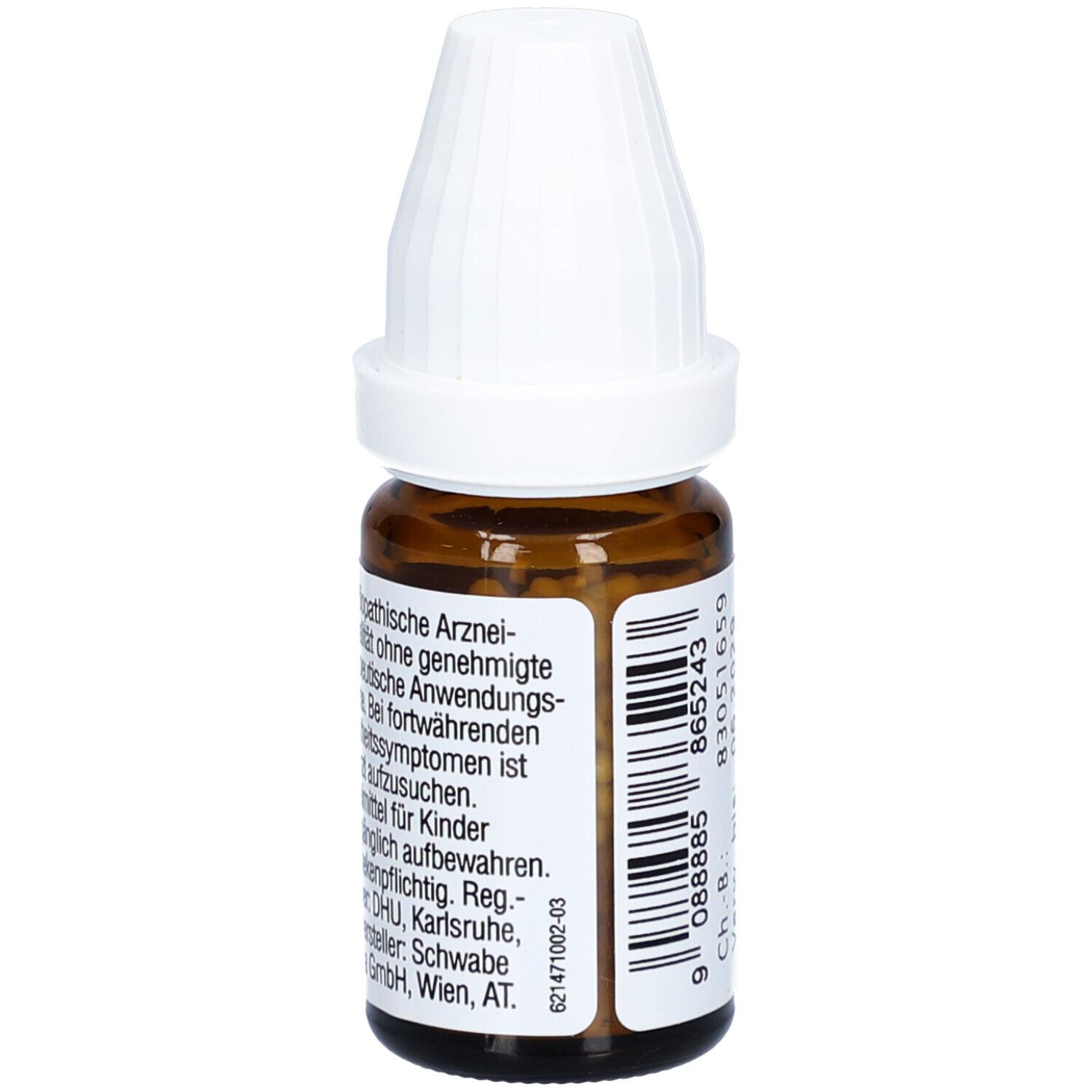 Braune Glasflasche mit weißem Deckel. Etikett mit Text: Homöopathische Arzneimittel. Barcode.