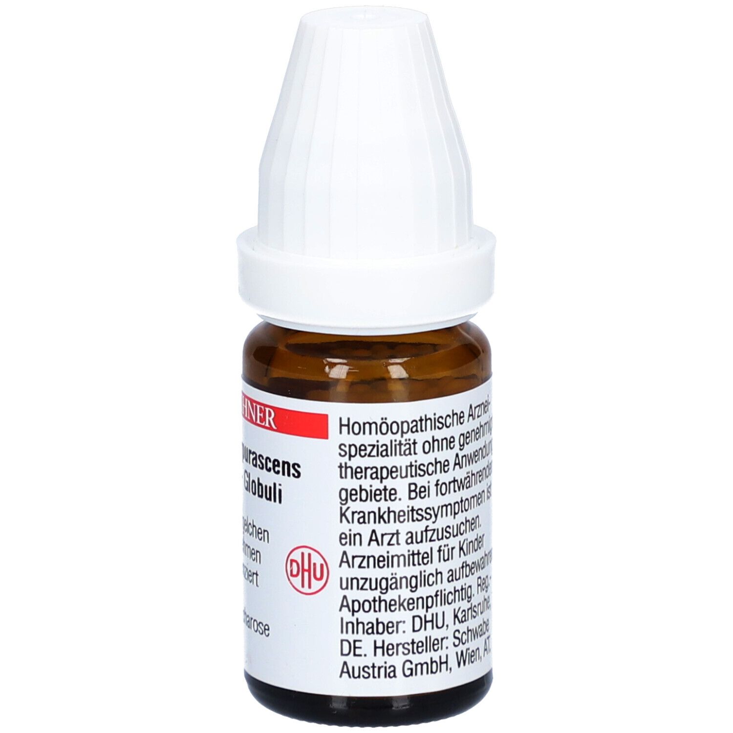Braune Glasflasche mit weißem Deckel. Etikett mit Text: Homöopathische Arzneimittel. DHU Logo.