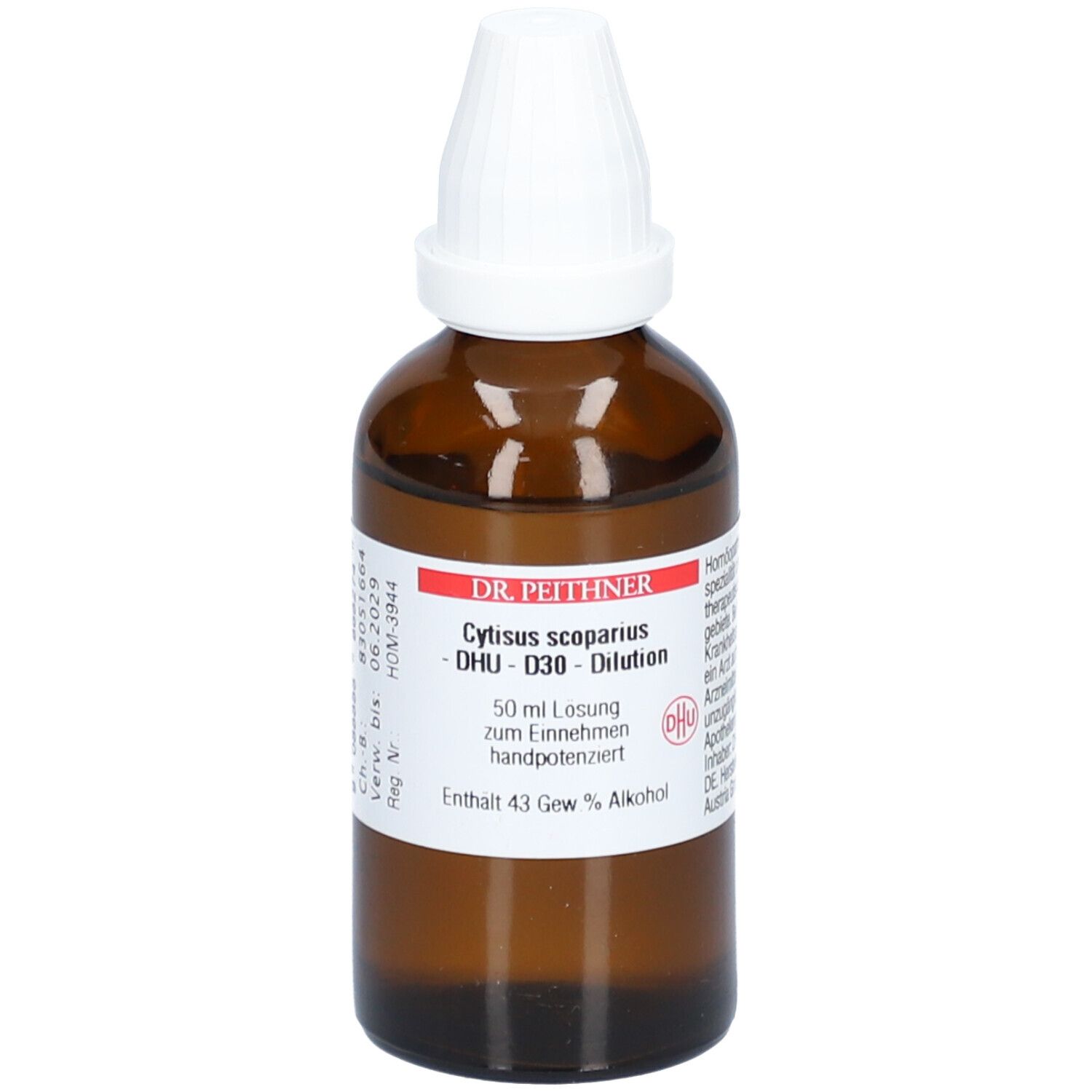 Braune Glasflasche mit weißem Verschluss. Beschriftung: Dr. Peithner Cytisus scoparius - DHU - D30 - Dilution.