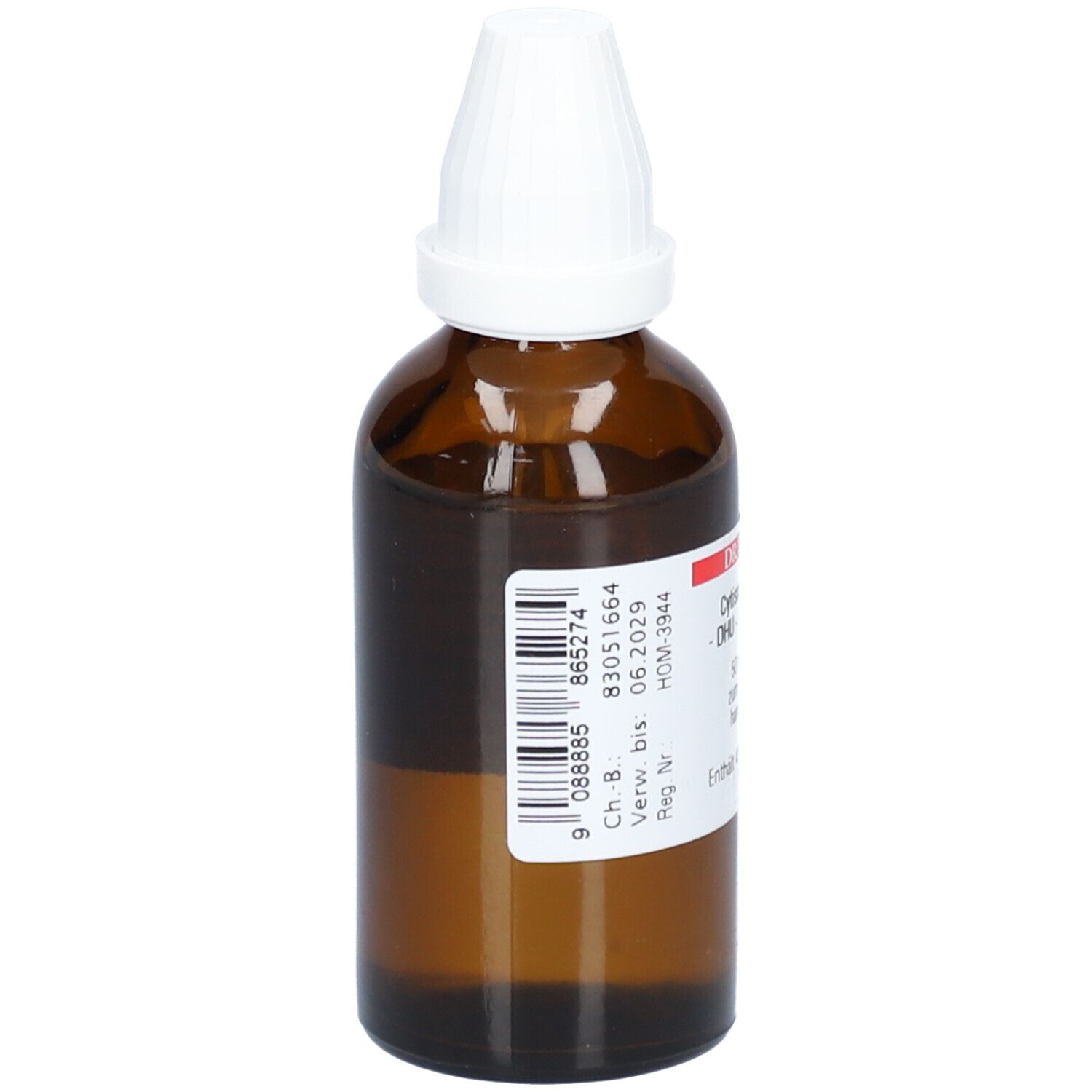 Braune Glasflasche mit weißem Verschluss. Etikett mit Barcode und Text. DHU-Logo.